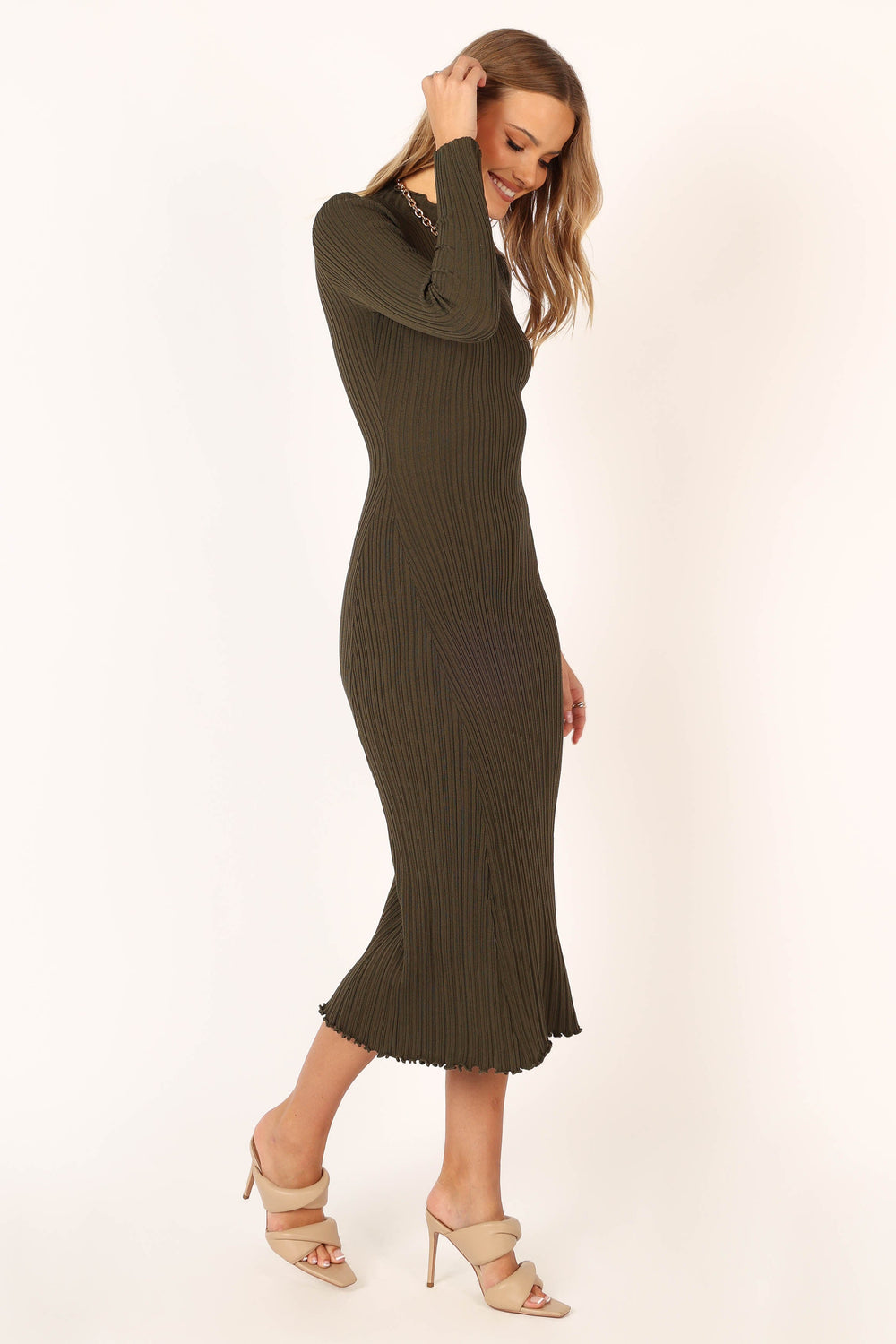 DRESSES @Theo Long Sleeve Midi Dress - Khaki