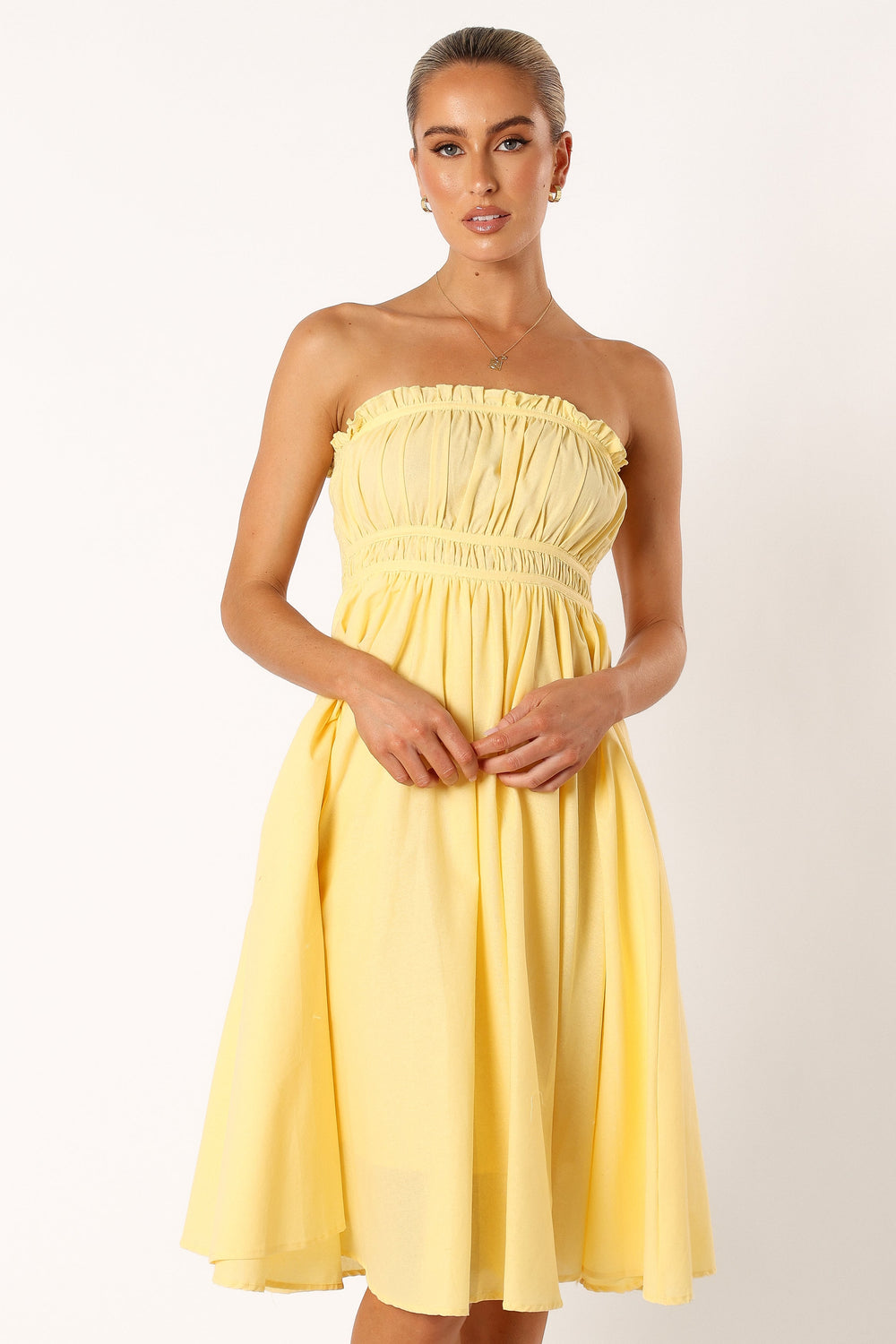 DRESSES @Theo Strapless Midi Dress - Sunshine