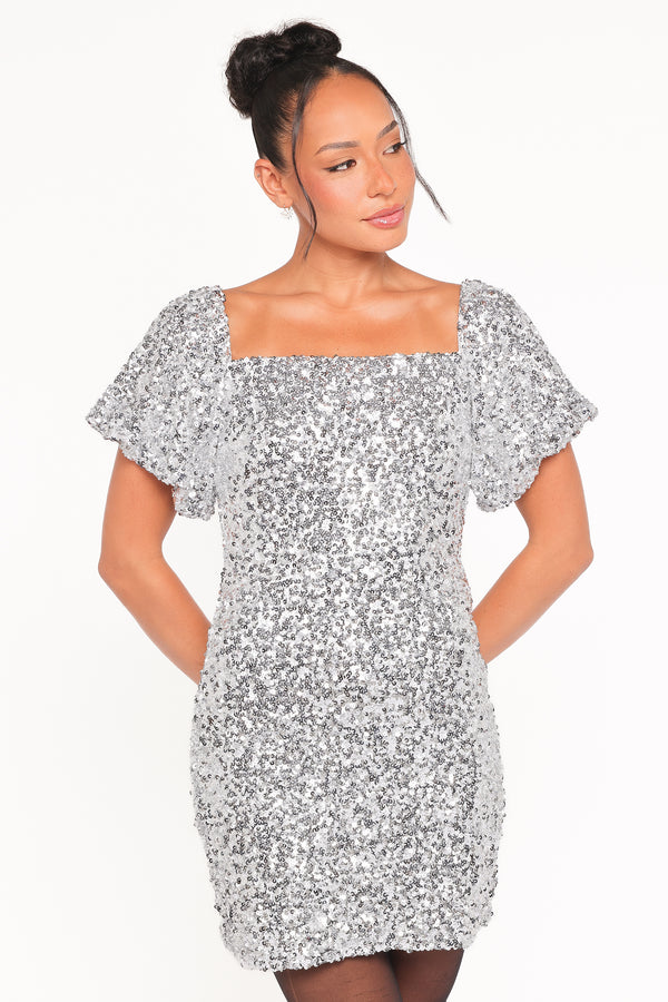 DRESSES Tory Off Shoulder Sequin Mini Dress - Silver