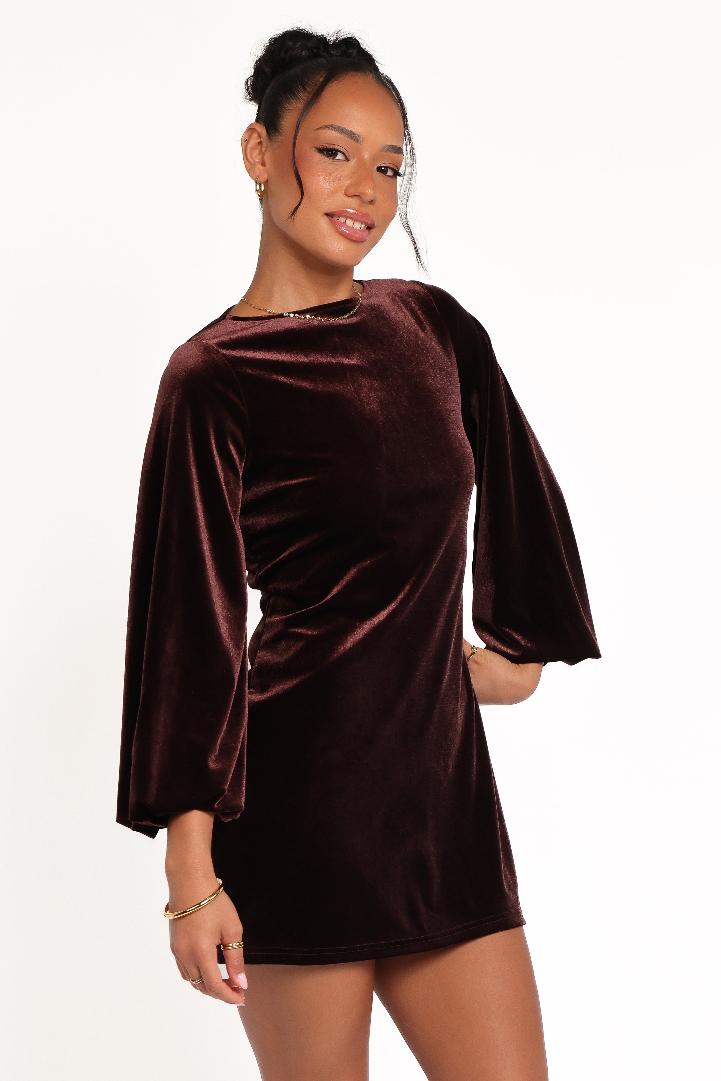 DRESSES Twylar Long Sleeve Velvet Mini Dress - Brown