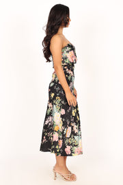 DRESSES @Vienna Strapless Midi Dress - Black Floral