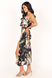 DRESSES @Vienna Strapless Midi Dress - Black Floral