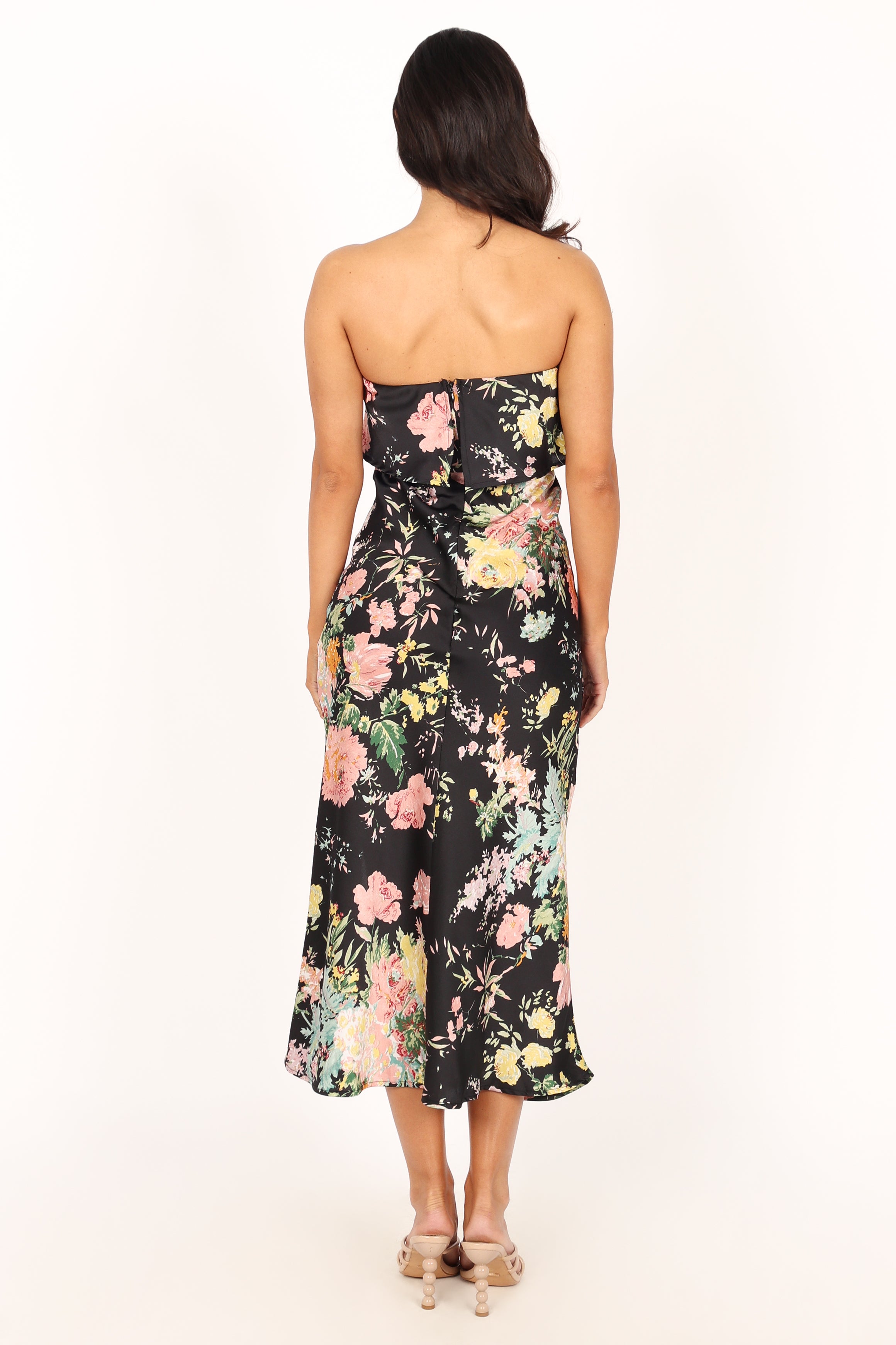 DRESSES @Vienna Strapless Midi Dress - Black Floral