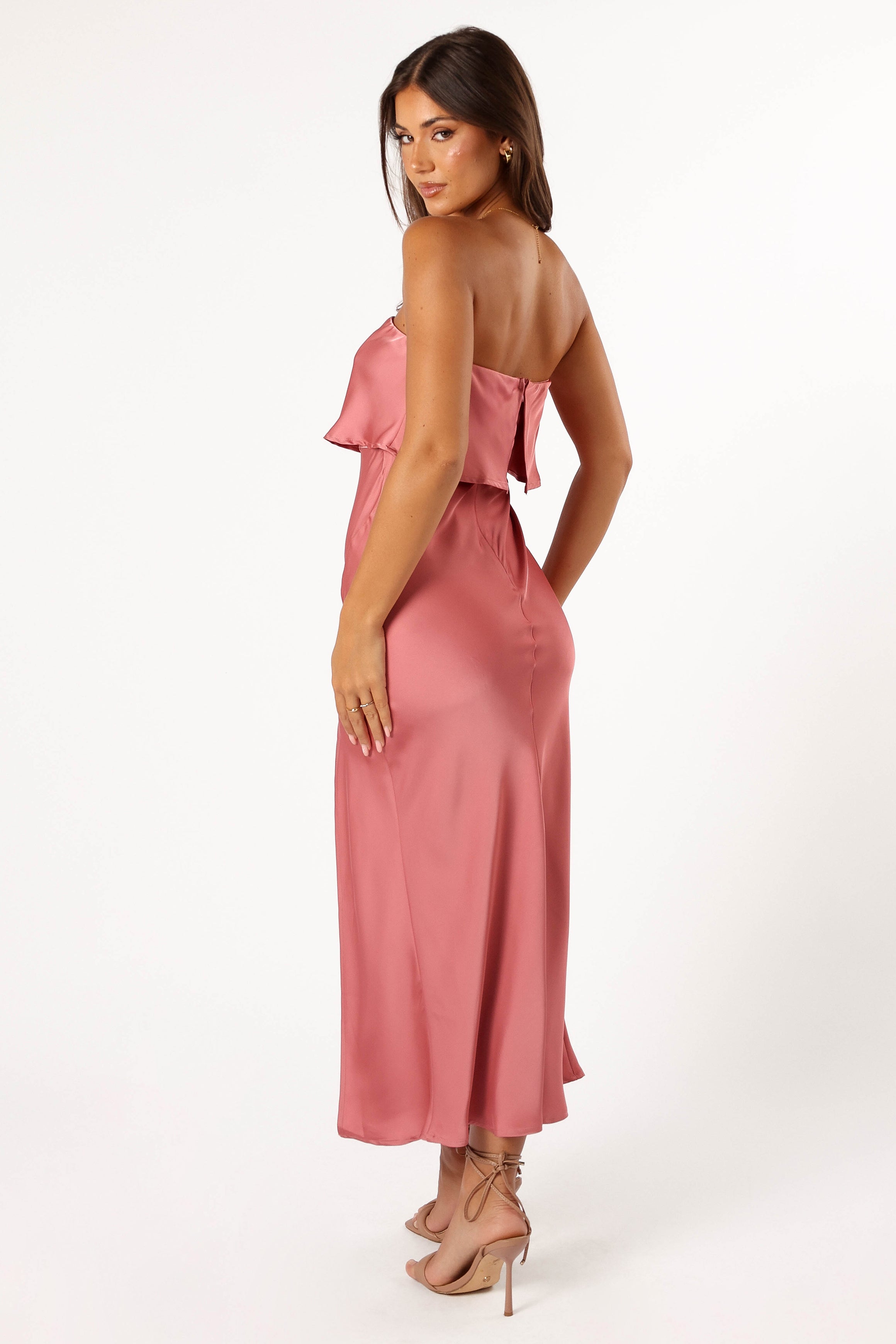 DRESSES @Vienna Strapless Midi Dress - Dusty Rose