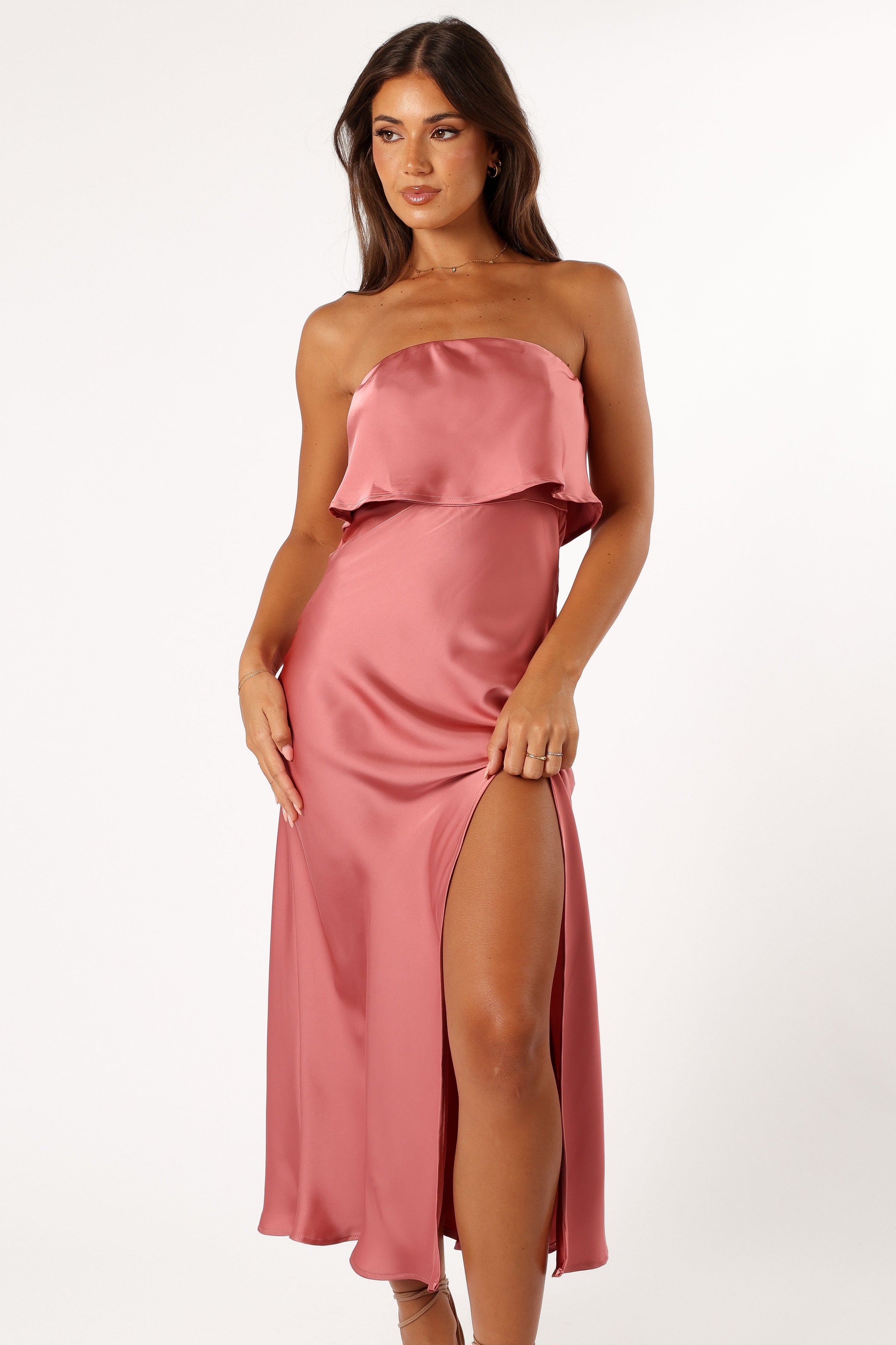 DRESSES @Vienna Strapless Midi Dress - Dusty Rose