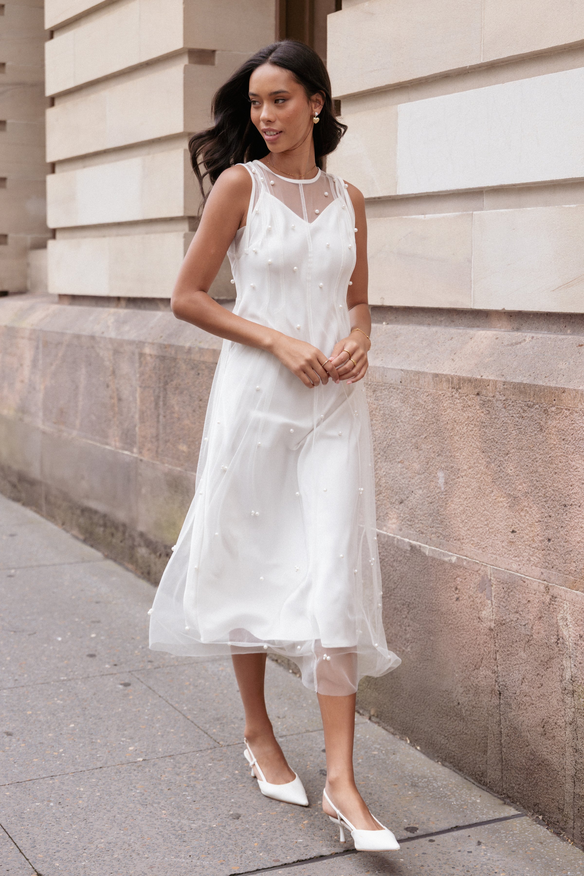 DRESSES Yulia Pearl Midi Dress - Ecru