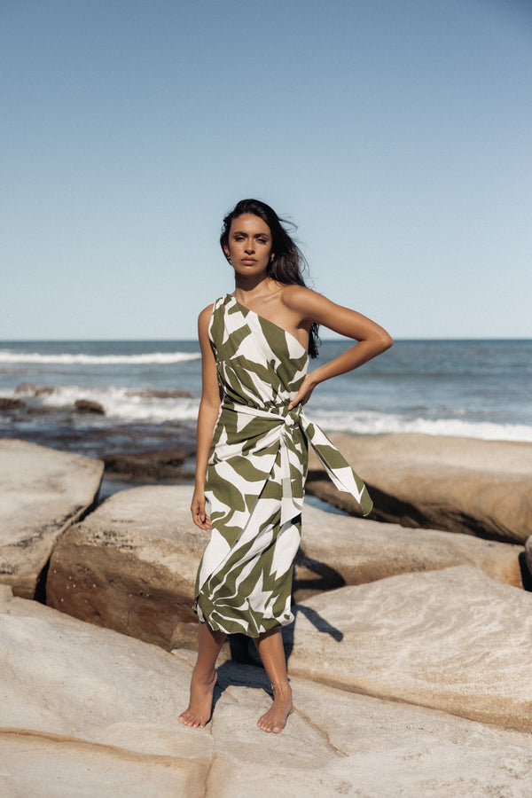 DRESSES @Zara One Shoulder Midi Dress - Olive Palm