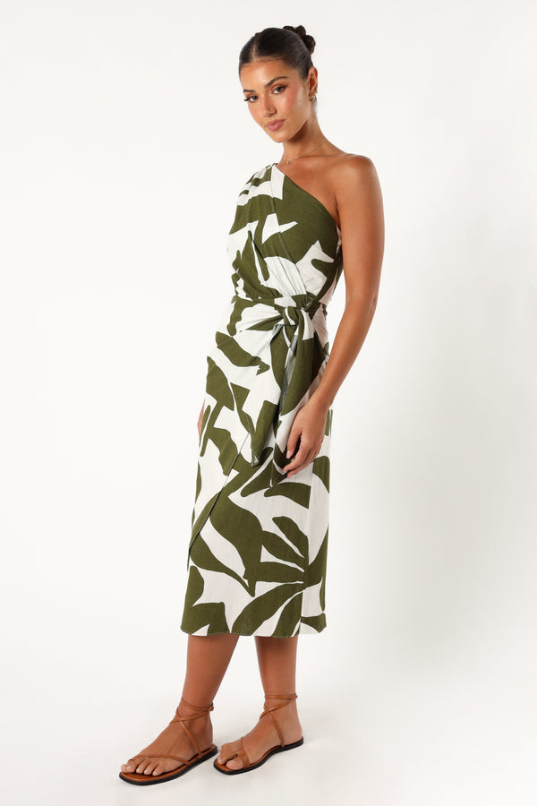 DRESSES @Zara One Shoulder Midi Dress - Olive Palm