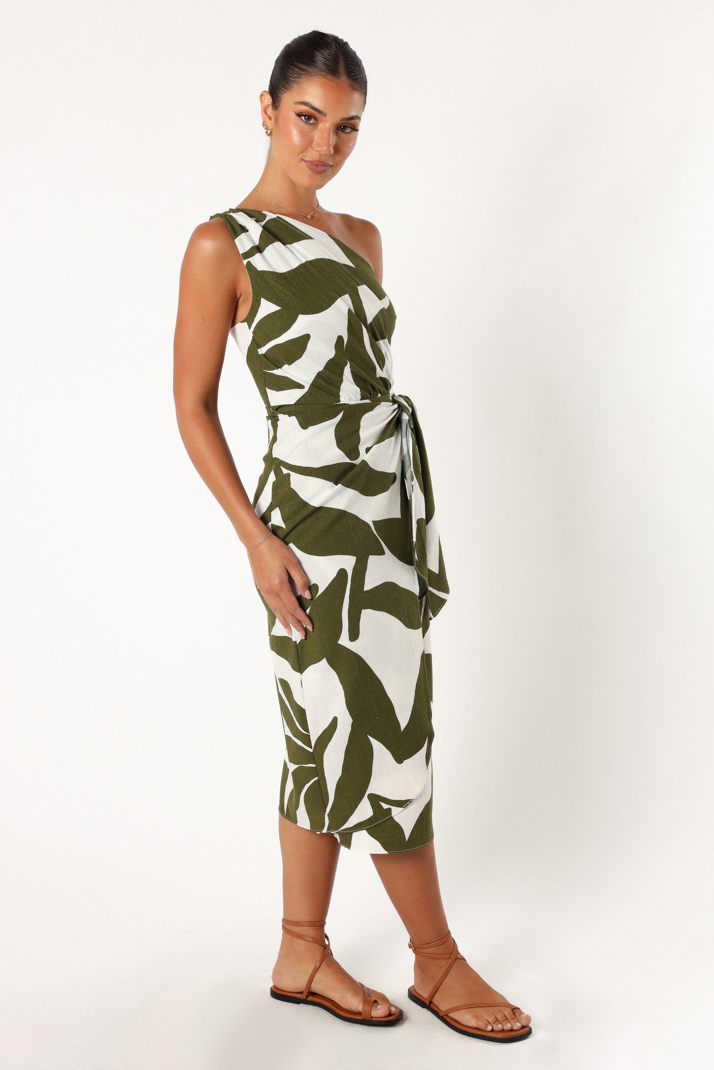 DRESSES @Zara One Shoulder Midi Dress - Olive Palm