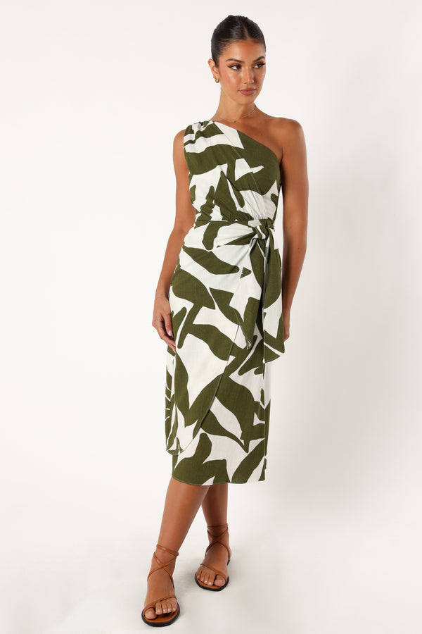 DRESSES @Zara One Shoulder Midi Dress - Olive Palm