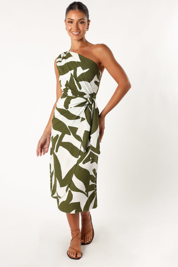 DRESSES @Zara One Shoulder Midi Dress - Olive Palm