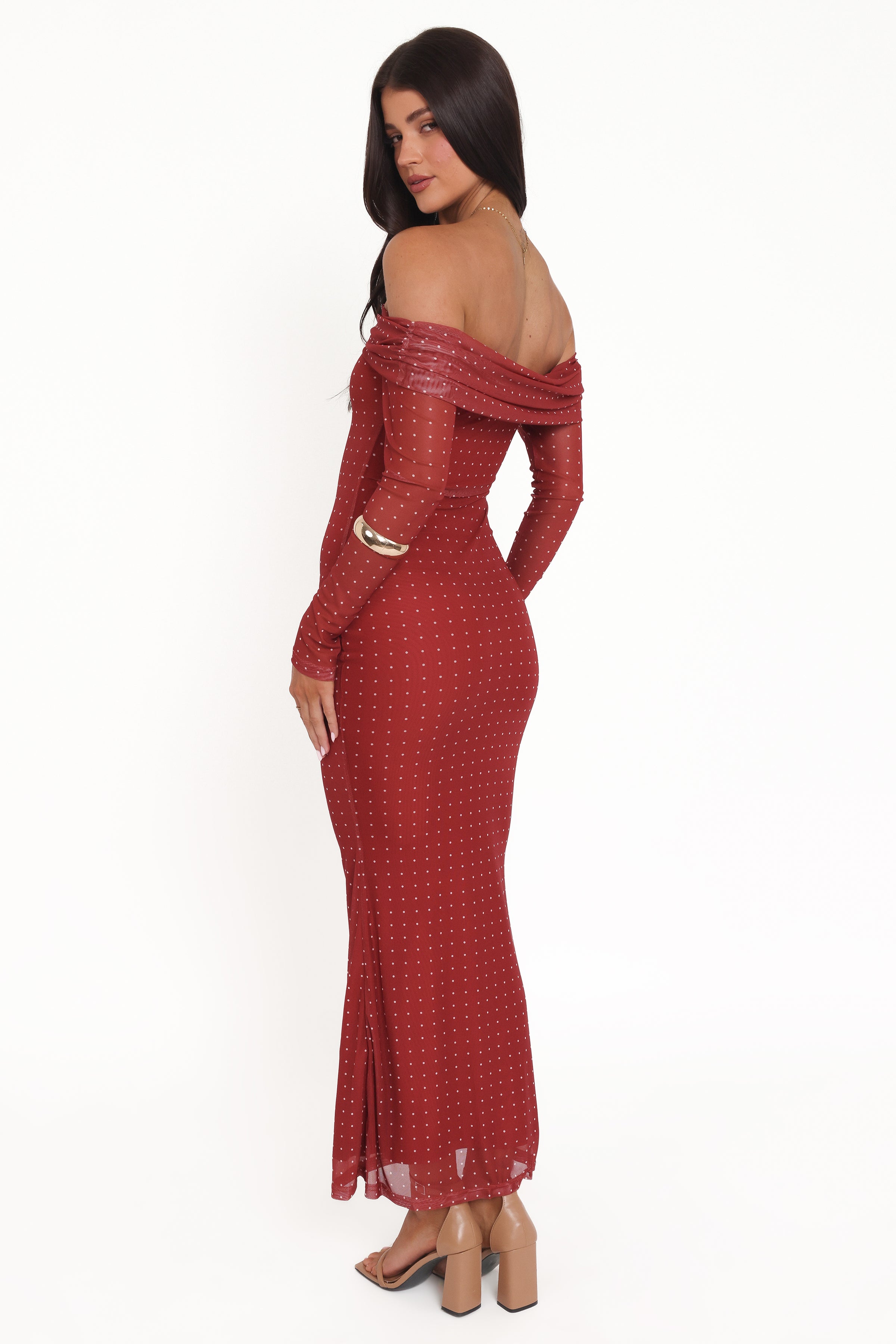 DRESSES @Zeva Off Shoulder Maxi Dress - Burgundy Spot