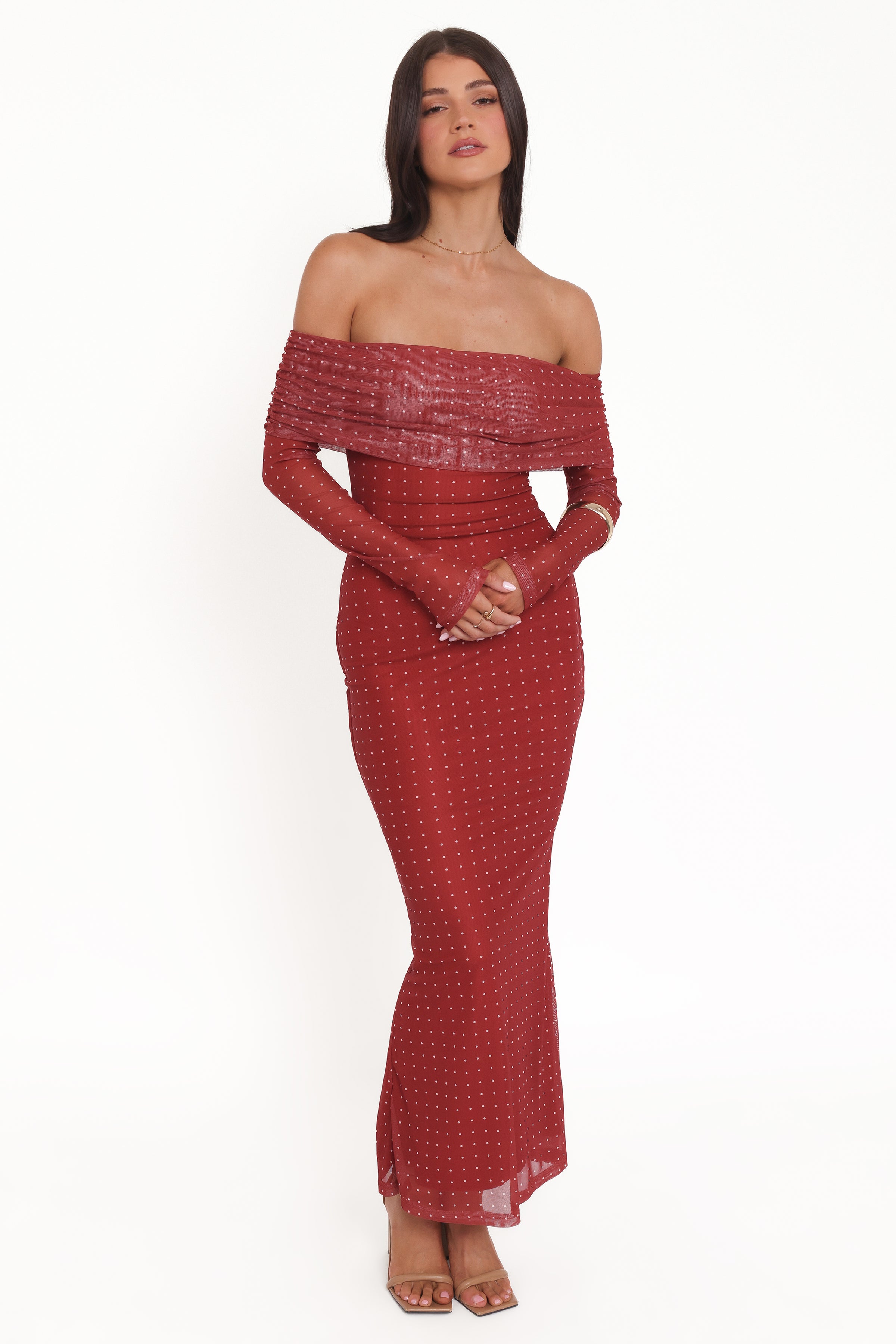DRESSES @Zeva Off Shoulder Maxi Dress - Burgundy Spot