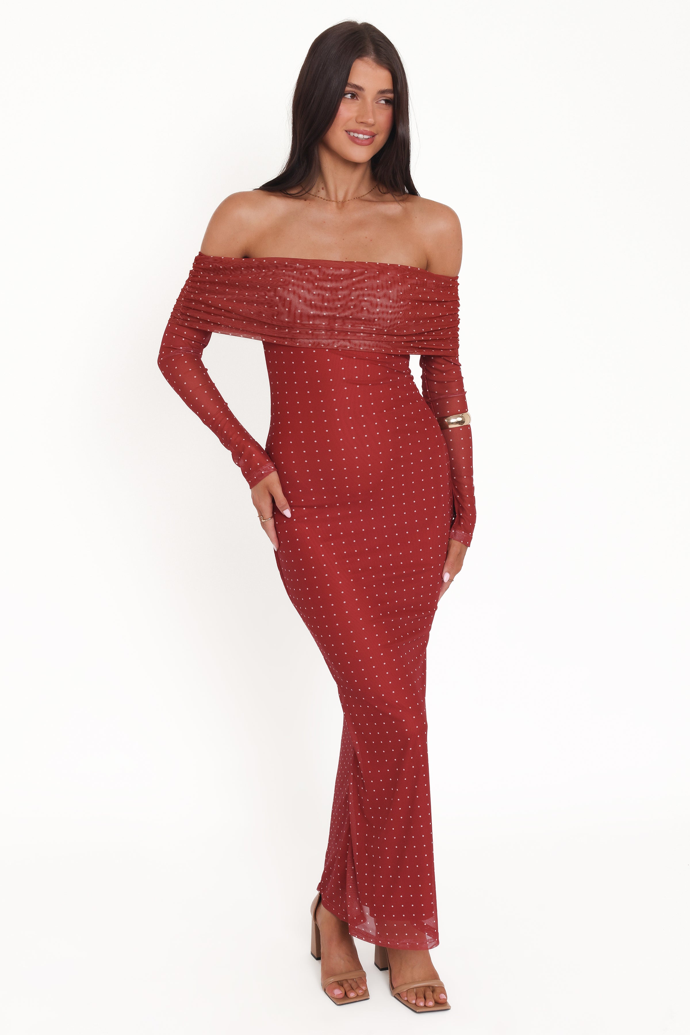 DRESSES @Zeva Off Shoulder Maxi Dress - Burgundy Spot