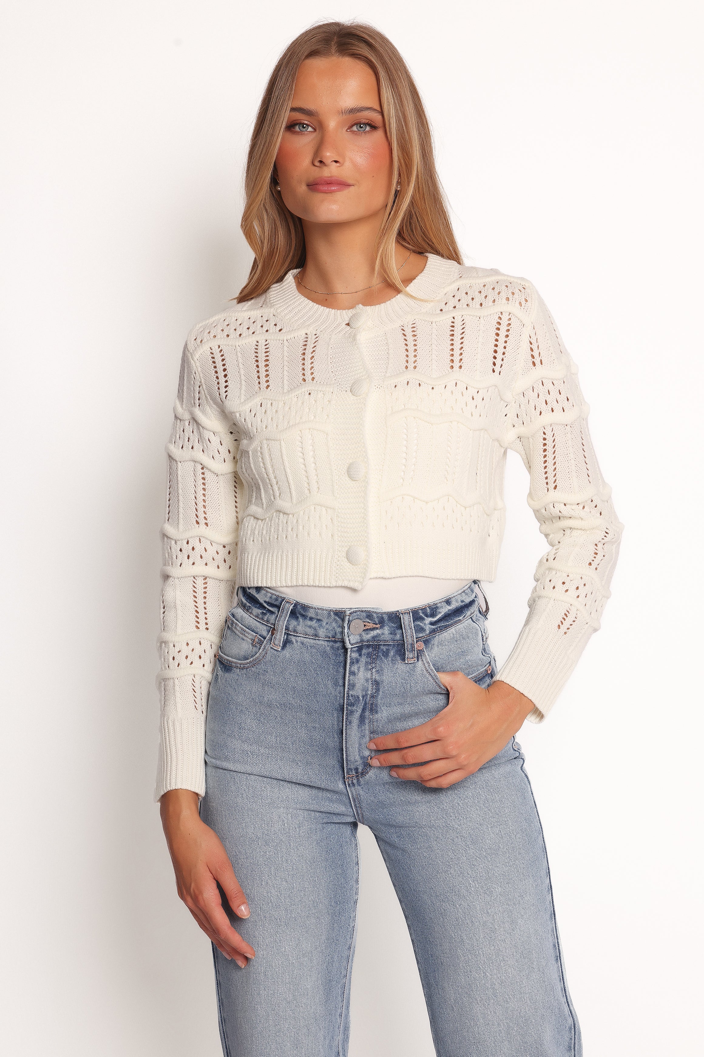 KNITWEAR Aidy Crop Button Front Cardigan - White