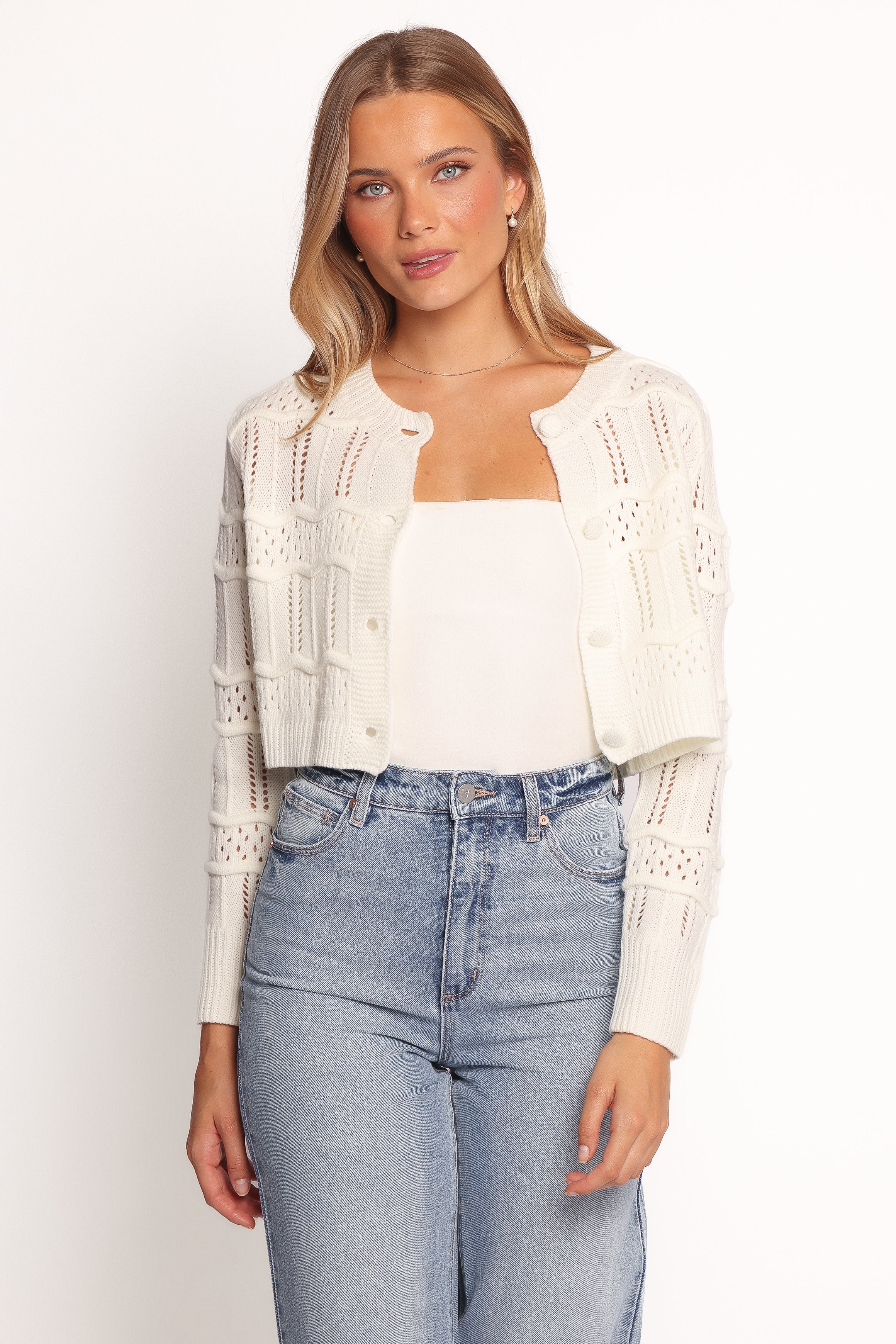 KNITWEAR Aidy Crop Button Front Cardigan - White