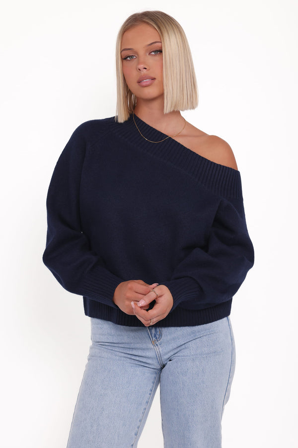KNITWEAR Ailis Off Shoulder Sweater - Navy
