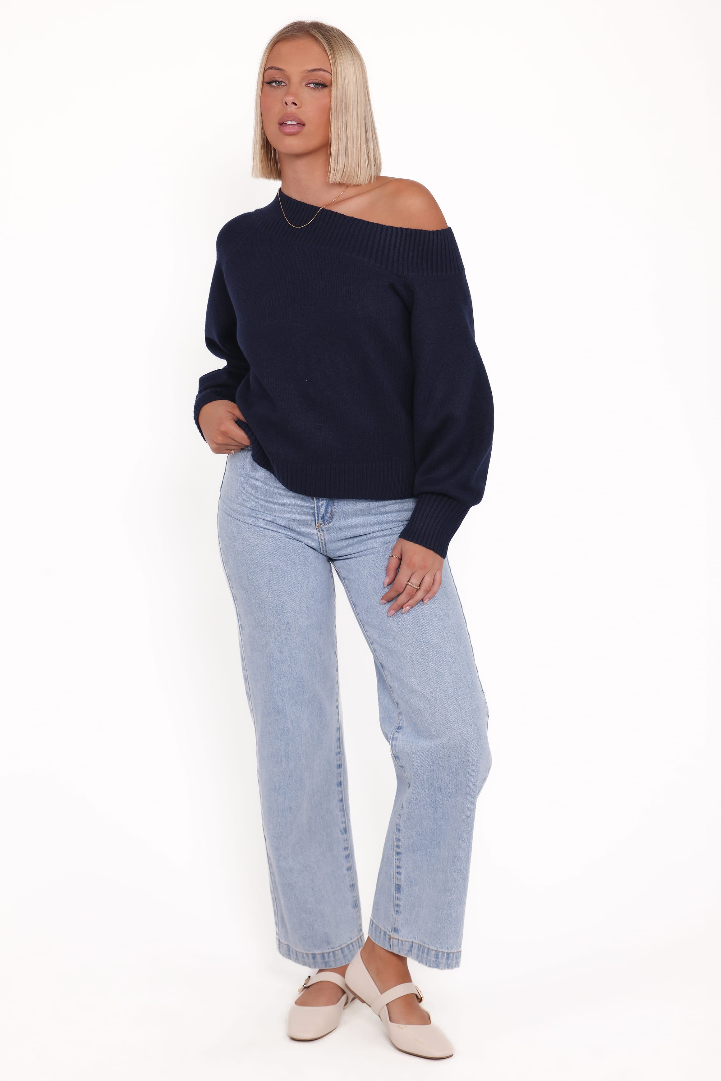 KNITWEAR Ailis Off Shoulder Sweater - Navy