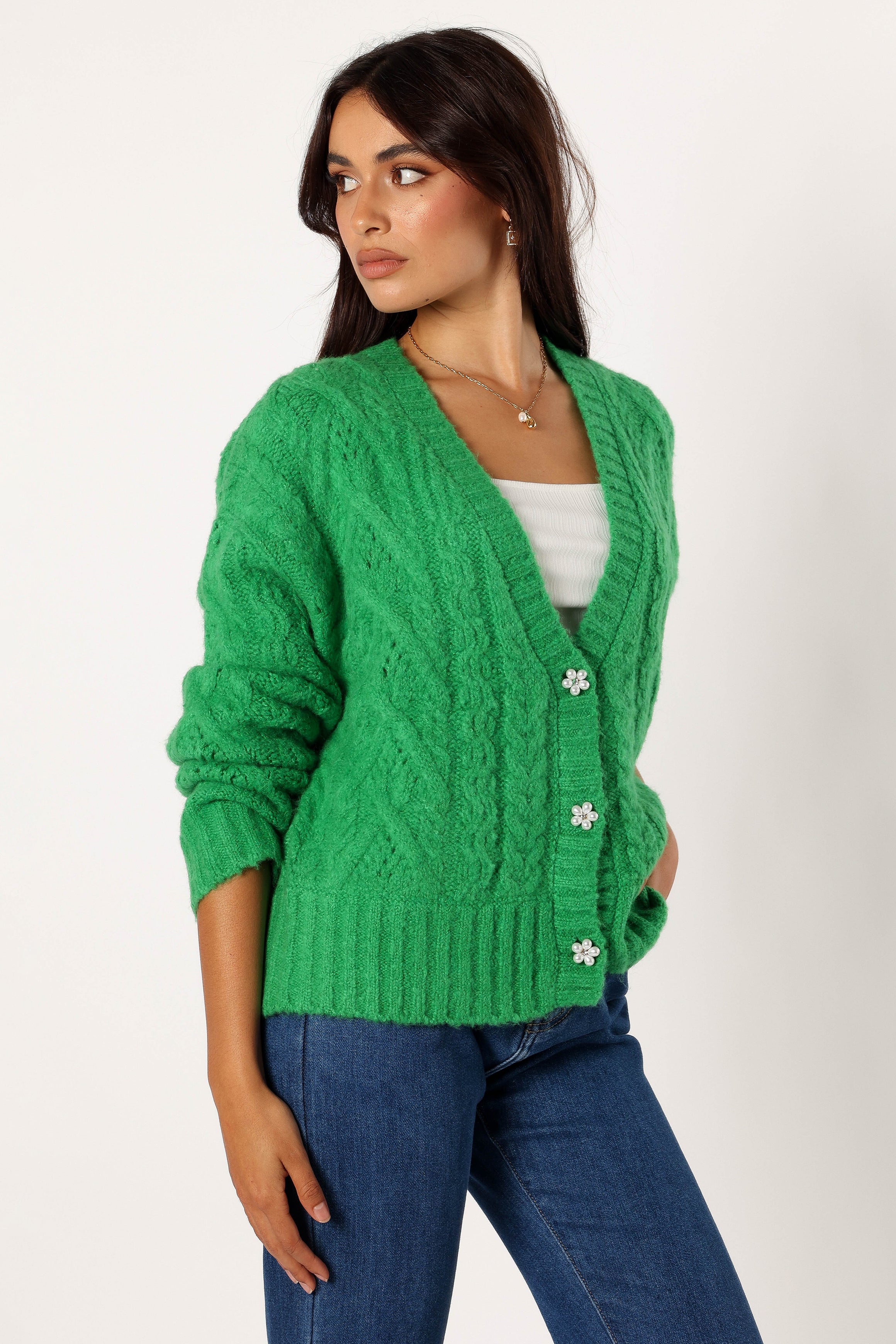 KNITWEAR @Alessandra Crystal Button Cardigan - Spearmint