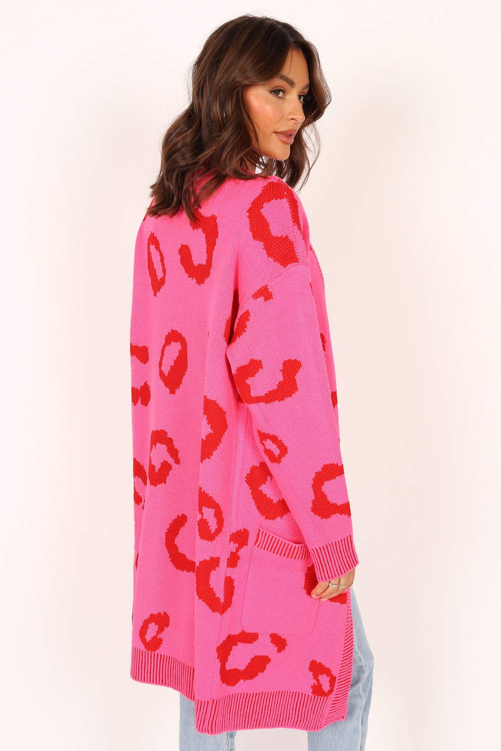 KNITWEAR @Alianna Leopard Print Long Cardigan - Pink