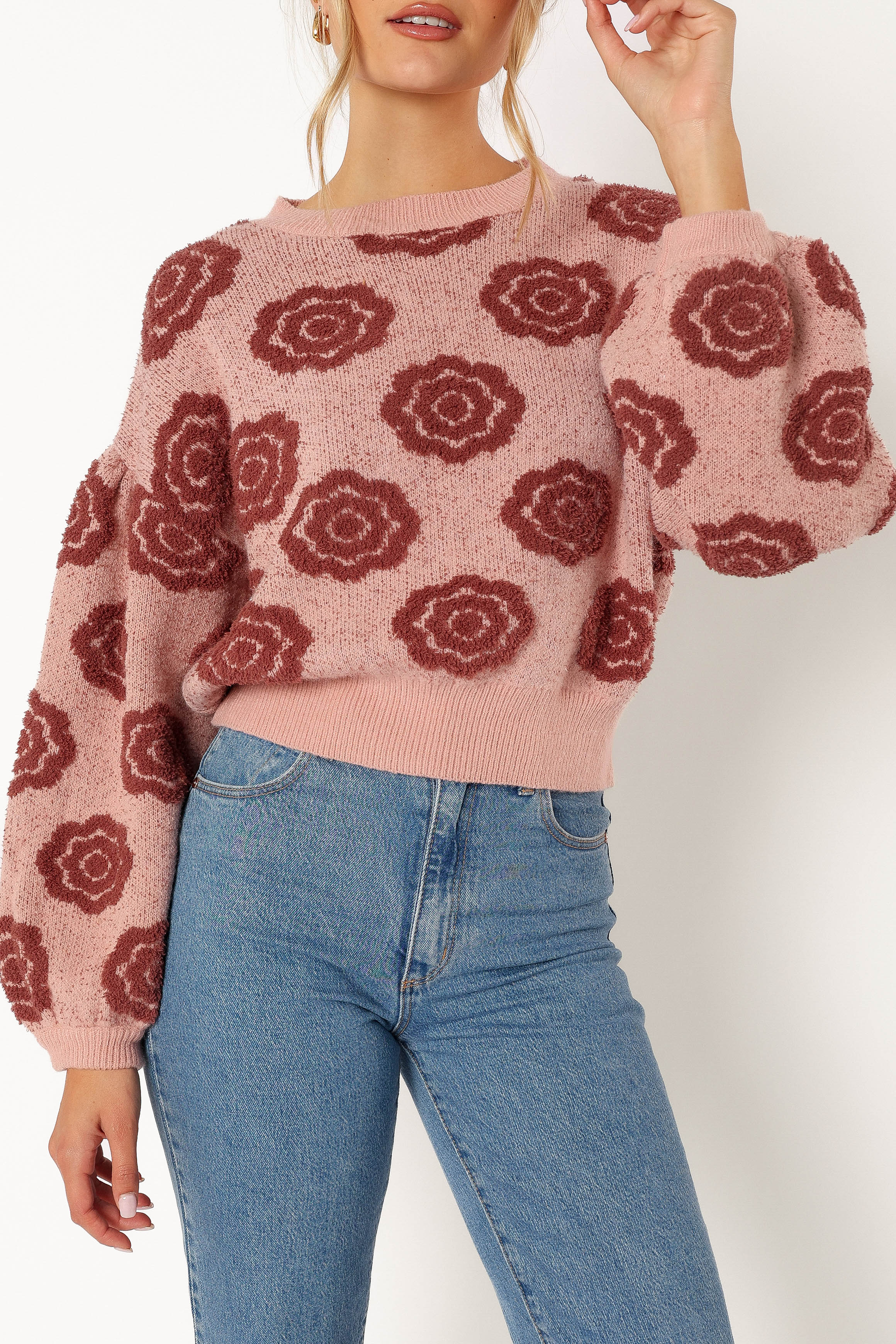 KNITWEAR @Amara Crewneck Rose Detail Knit Sweater - Mauve