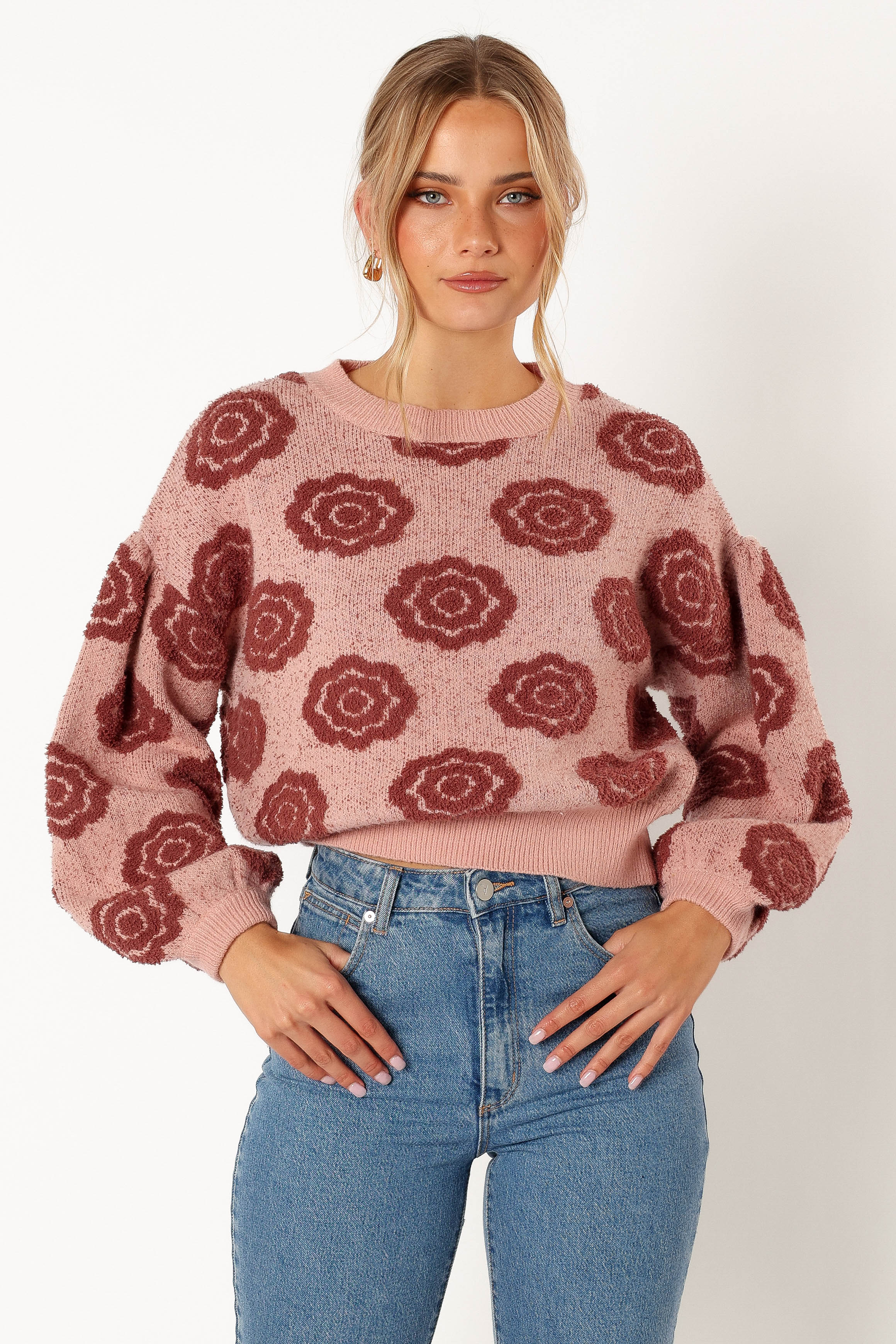 KNITWEAR @Amara Crewneck Rose Detail Knit Sweater - Mauve