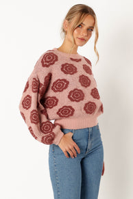 KNITWEAR @Amara Crewneck Rose Detail Knit Sweater - Mauve