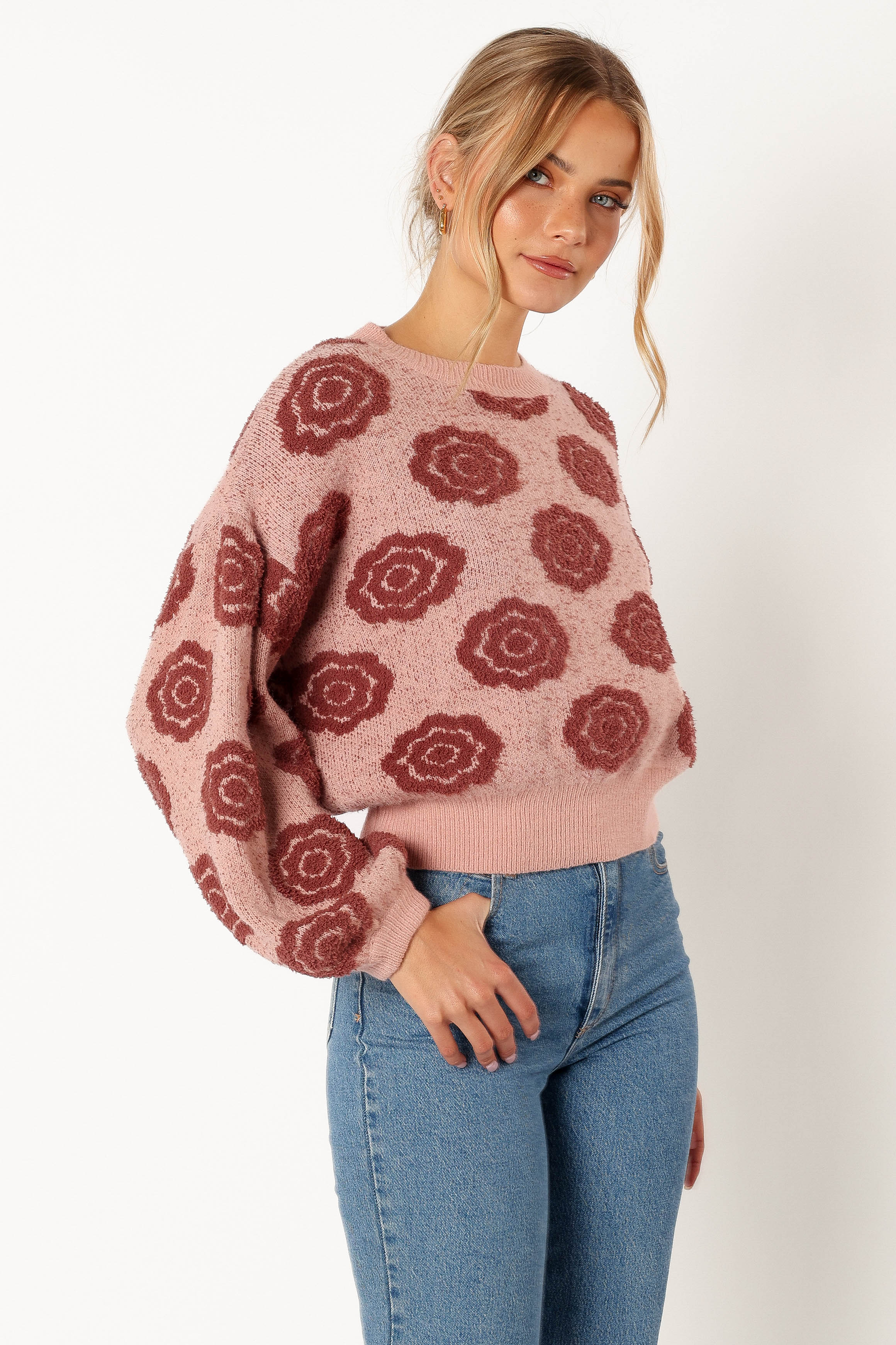 KNITWEAR @Amara Crewneck Rose Detail Knit Sweater - Mauve