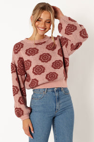 KNITWEAR @Amara Crewneck Rose Detail Knit Sweater - Mauve