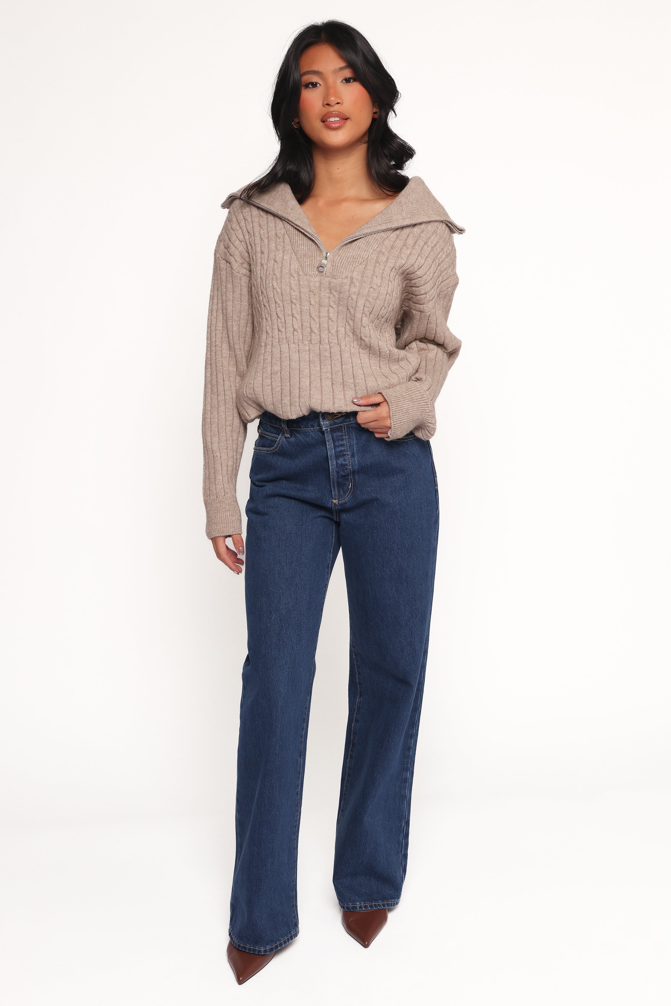 KNITWEAR Anais Quarter Zip Knit Sweater - Beige