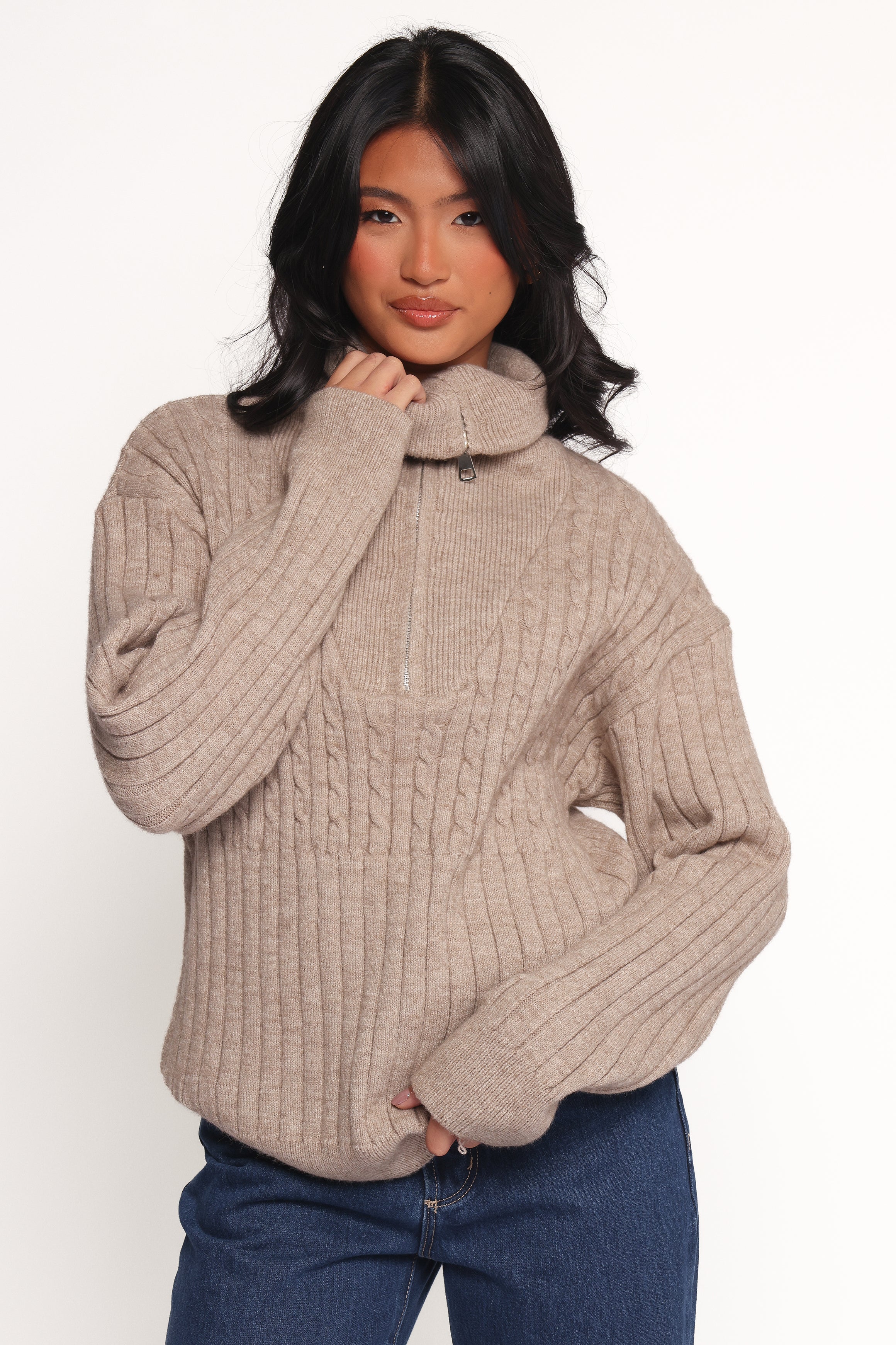 KNITWEAR Anais Quarter Zip Knit Sweater - Beige