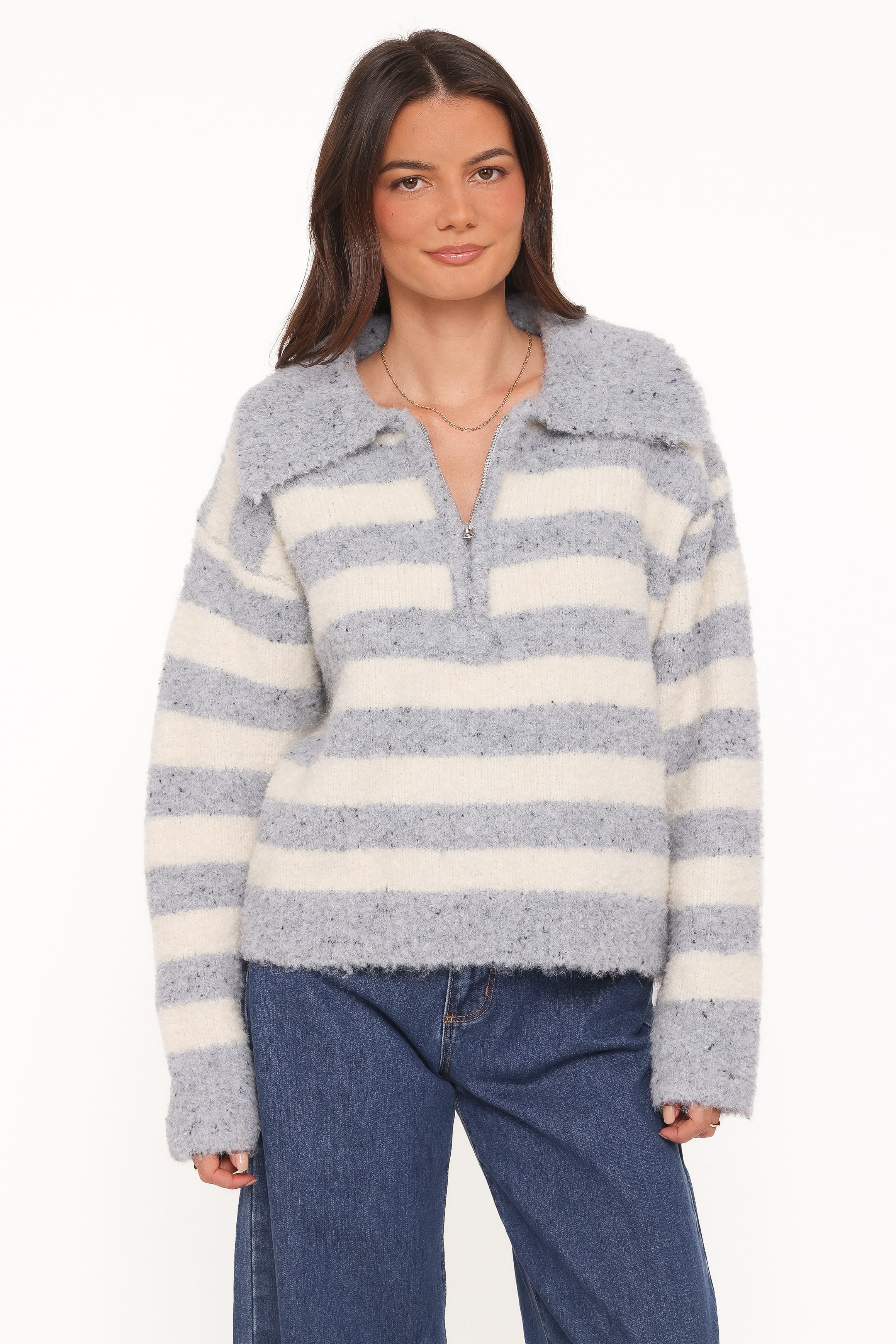 KNITWEAR Angelica 1/4 Zip Sweater - Denim Blue Stripe