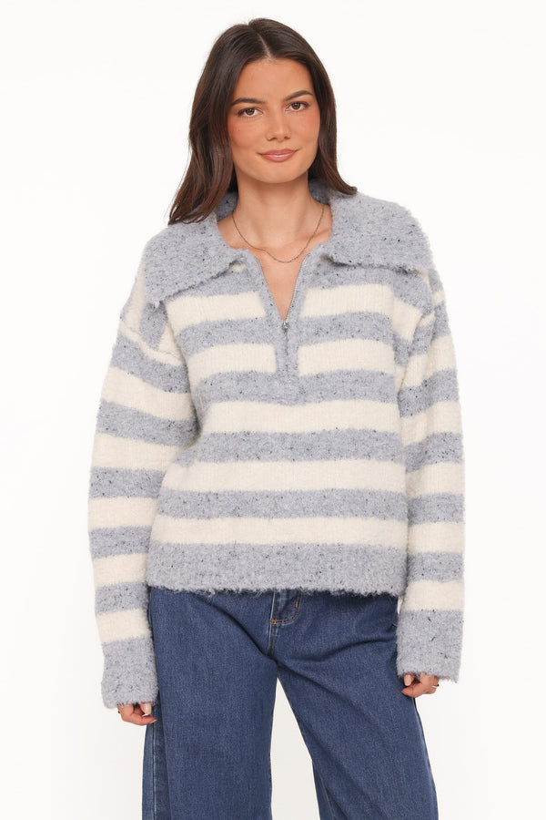 KNITWEAR Angelica 1/4 Zip Sweater - Denim Blue Stripe