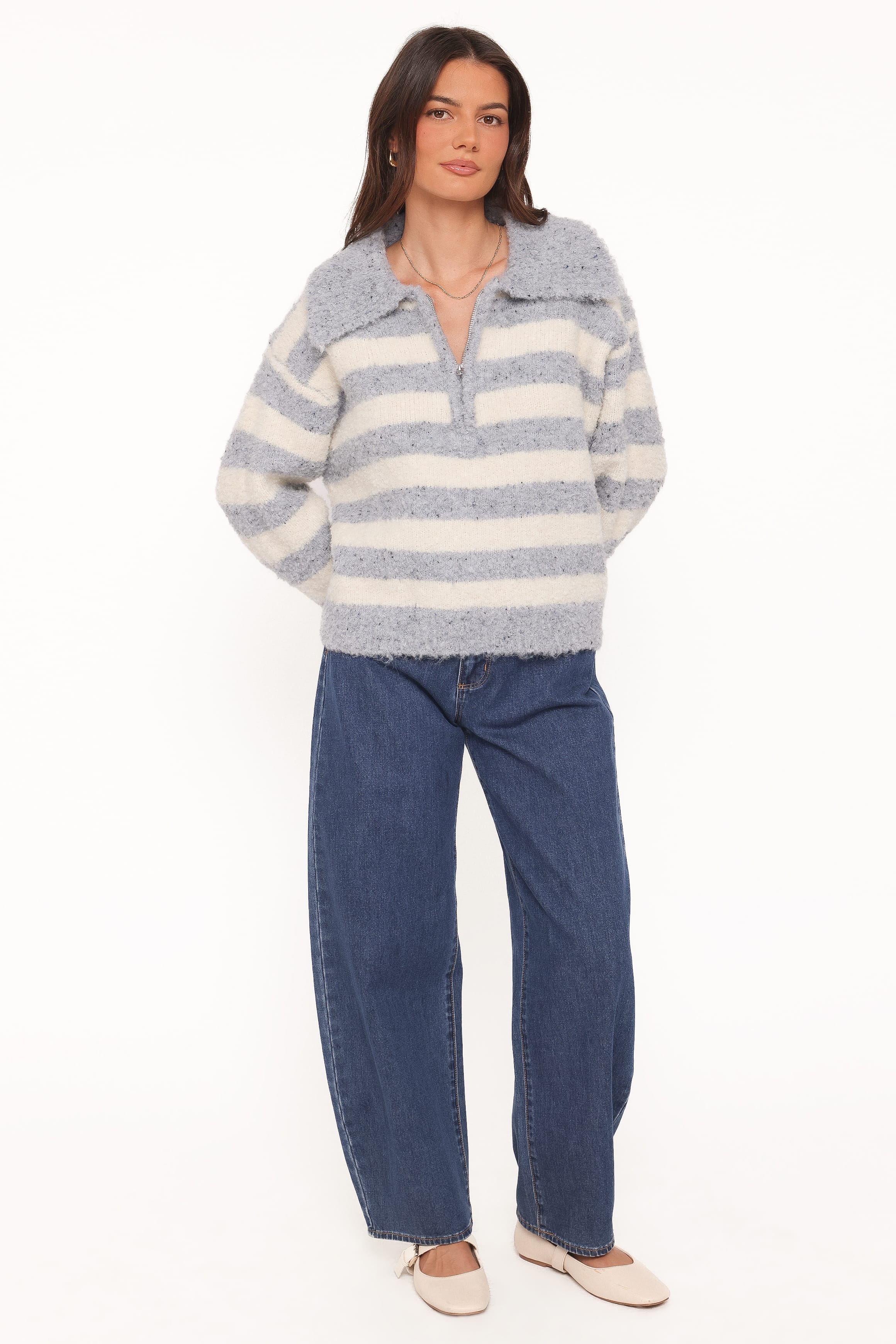 KNITWEAR Angelica 1/4 Zip Sweater - Denim Blue Stripe
