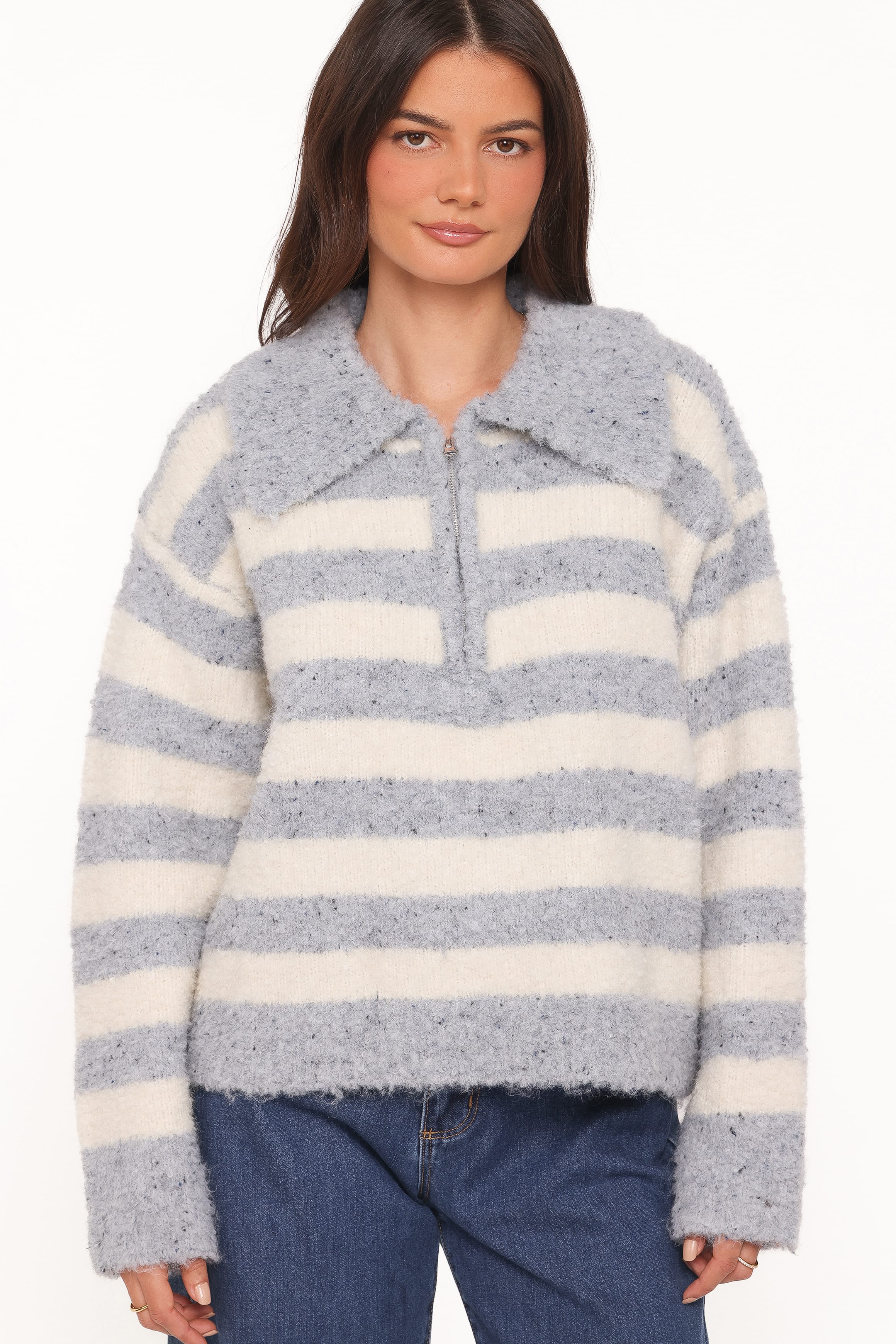 KNITWEAR Angelica 1/4 Zip Sweater - Denim Blue Stripe