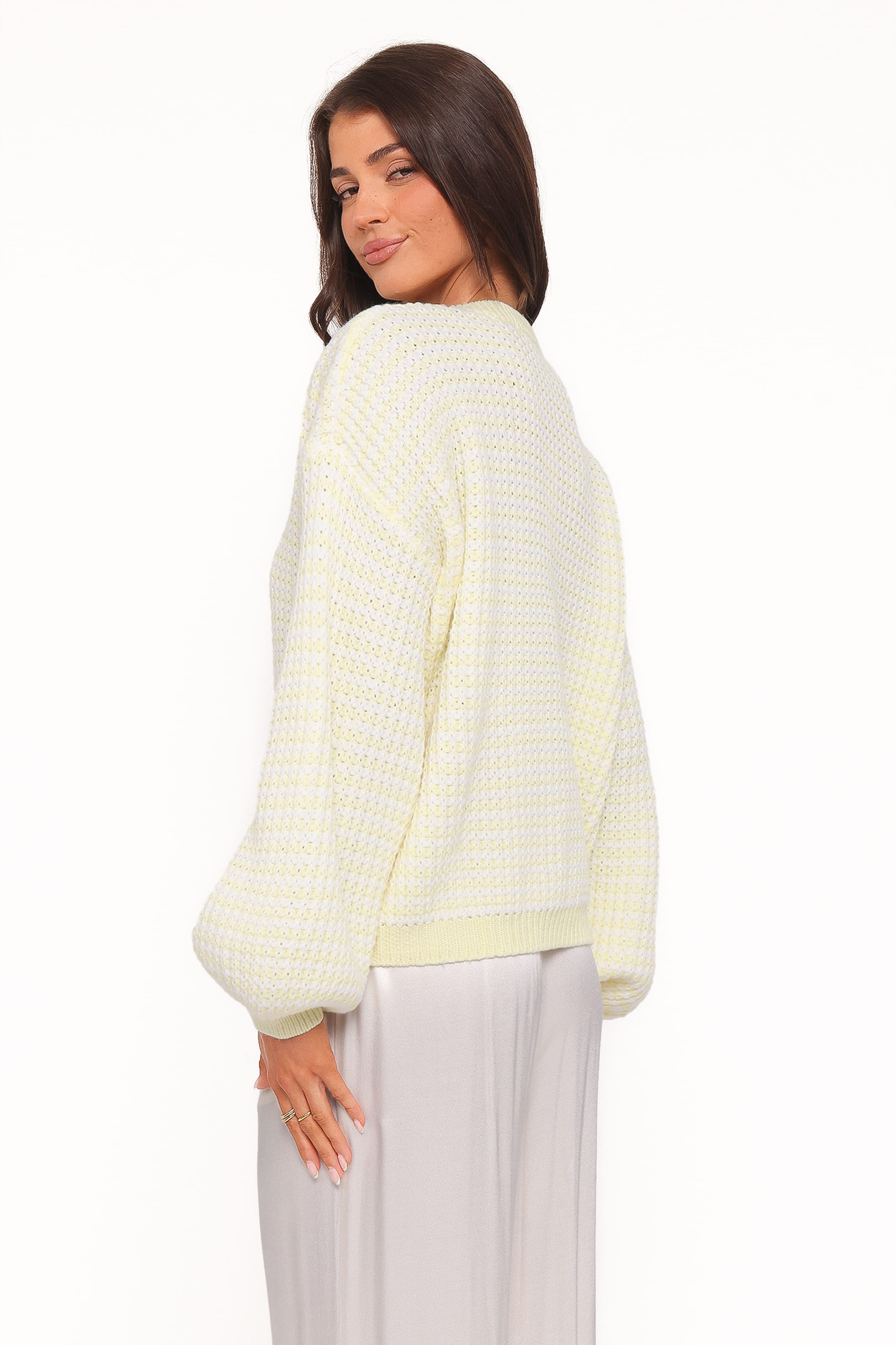 KNITWEAR Becca Crewneck Waffle Stitch Stripe Knit Sweater - Butter Yellow