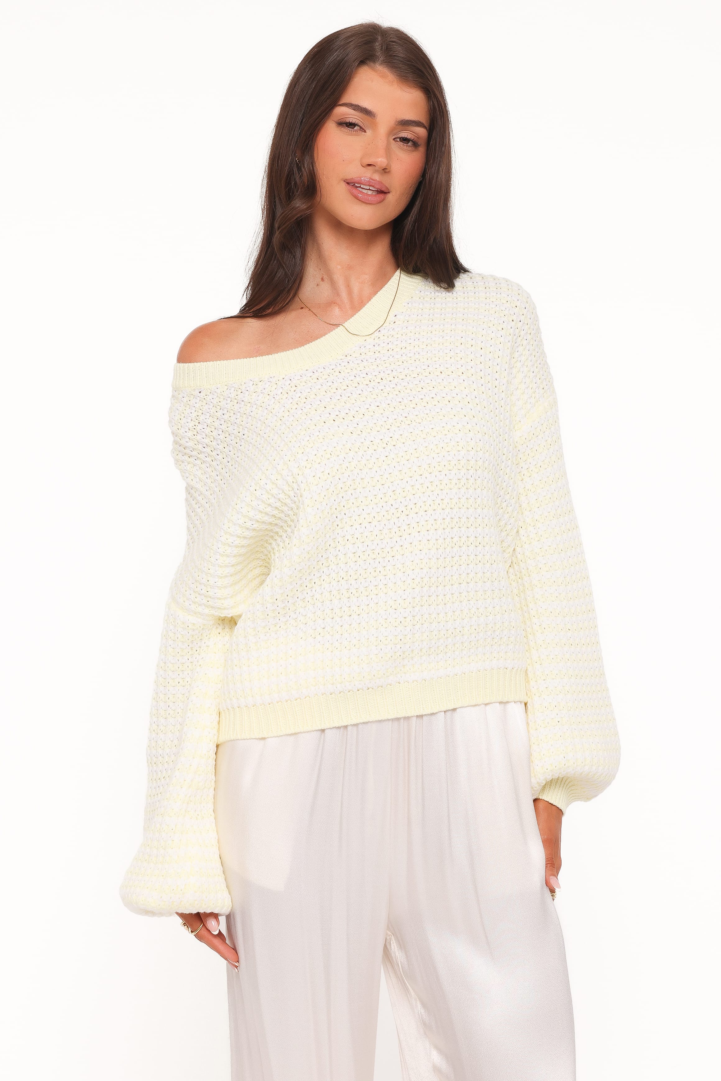 KNITWEAR Becca Crewneck Waffle Stitch Stripe Knit Sweater - Butter Yellow