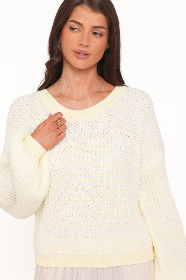 KNITWEAR Becca Crewneck Waffle Stitch Stripe Knit Sweater - Butter Yellow