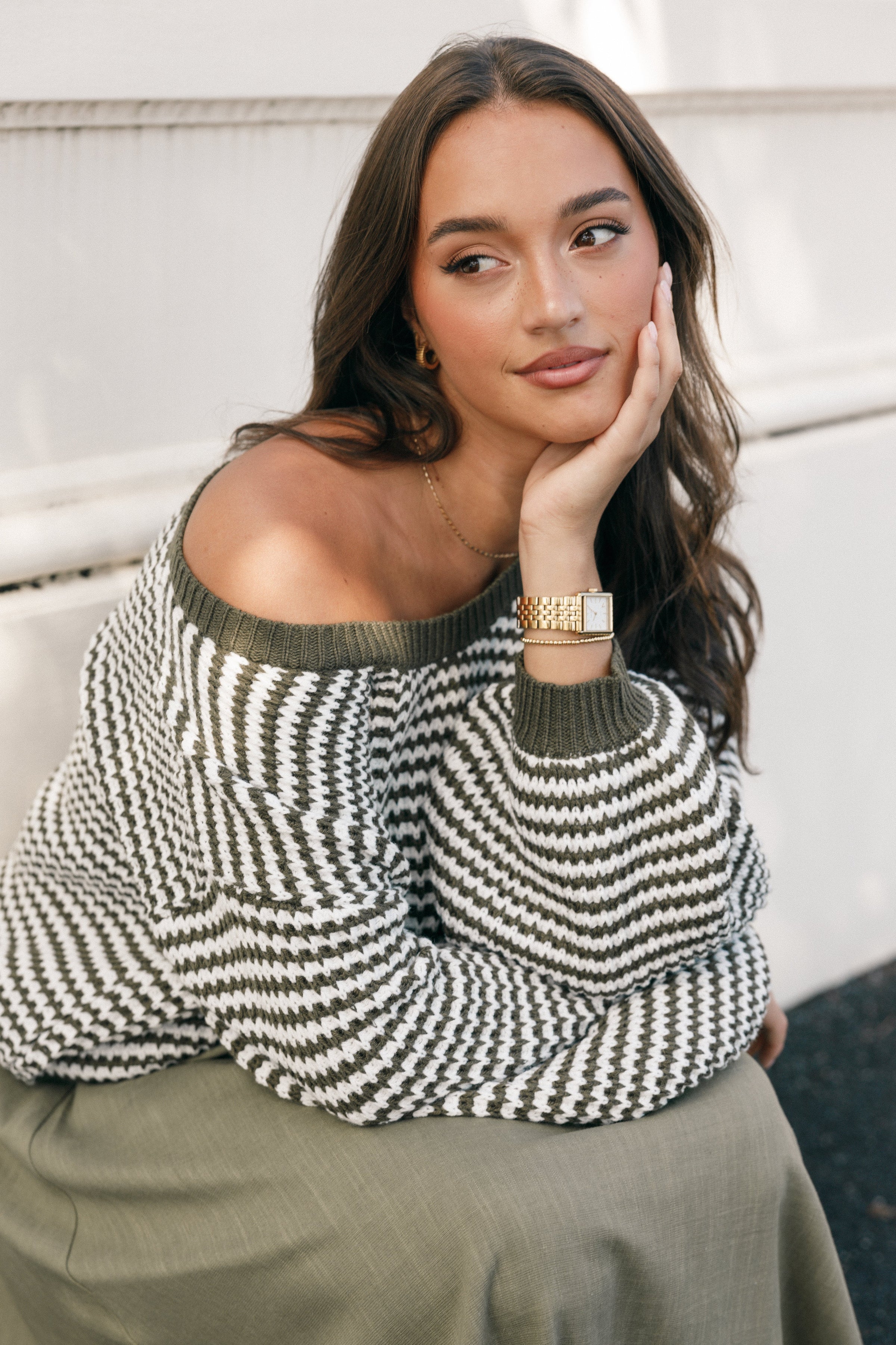 KNITWEAR Becca Crewneck Waffle Stitch Stripe Knit Sweater - Olive