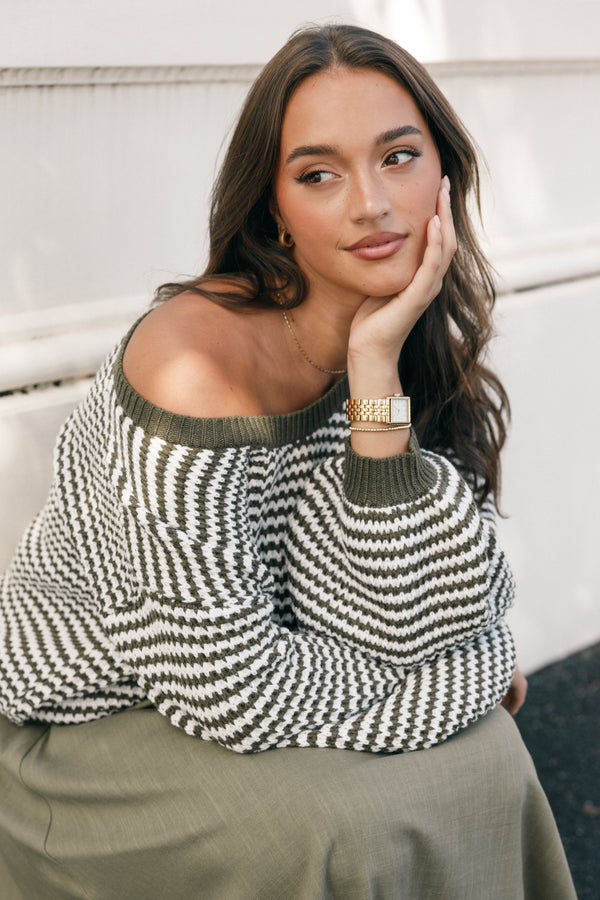 KNITWEAR Becca Crewneck Waffle Stitch Stripe Knit Sweater - Olive