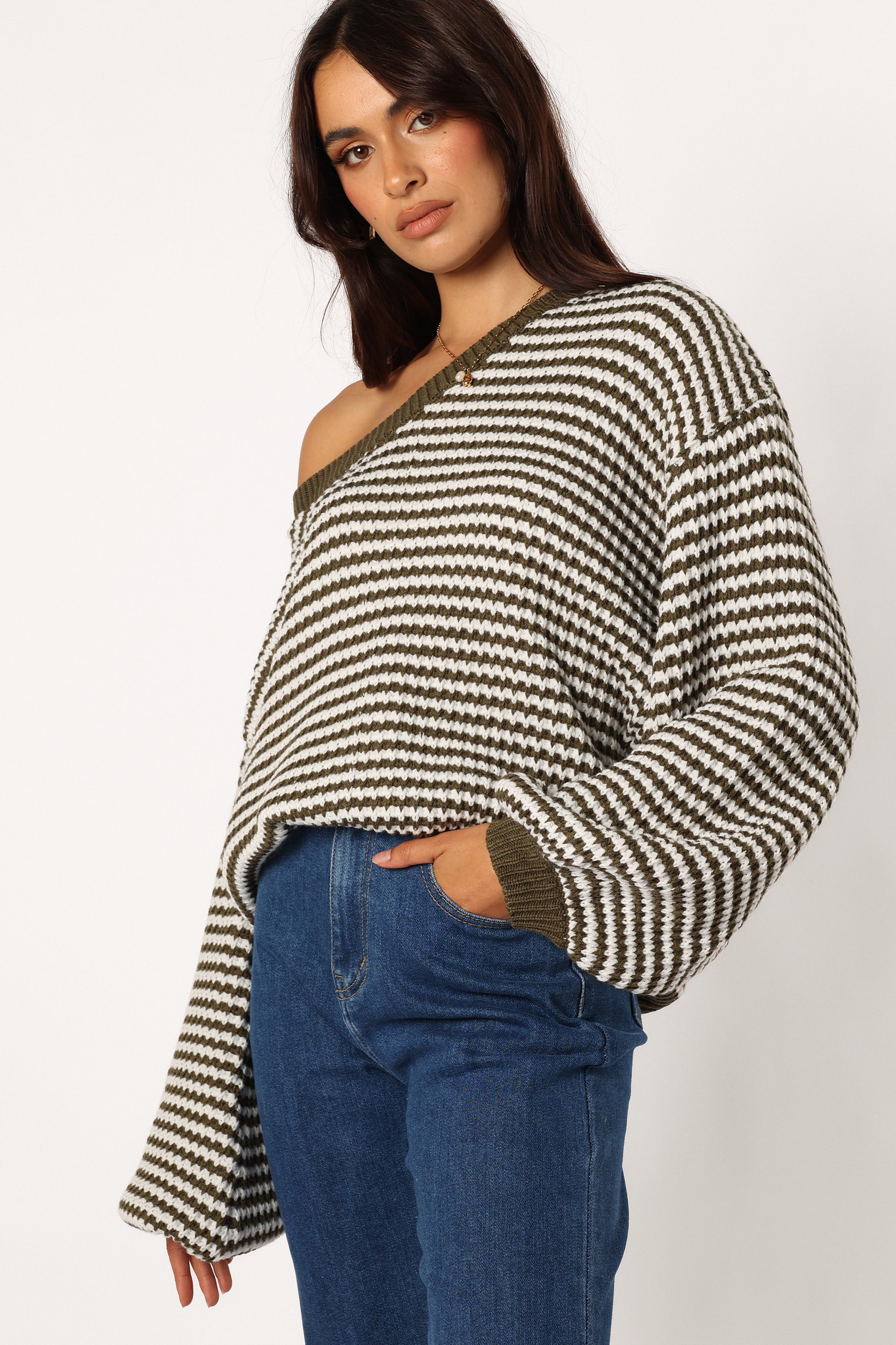 KNITWEAR Becca Crewneck Waffle Stitch Stripe Knit Sweater - Olive