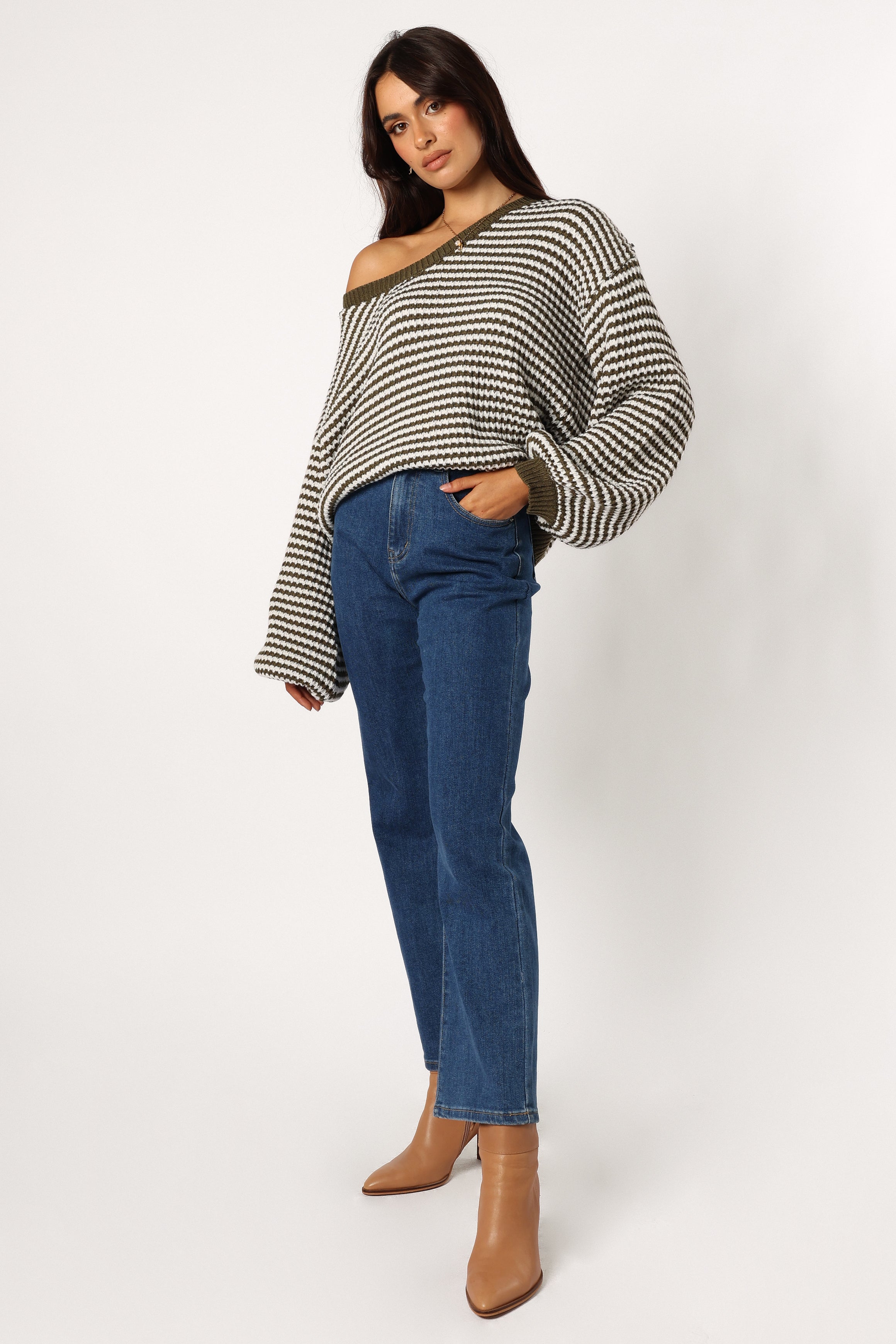 KNITWEAR Becca Crewneck Waffle Stitch Stripe Knit Sweater - Olive