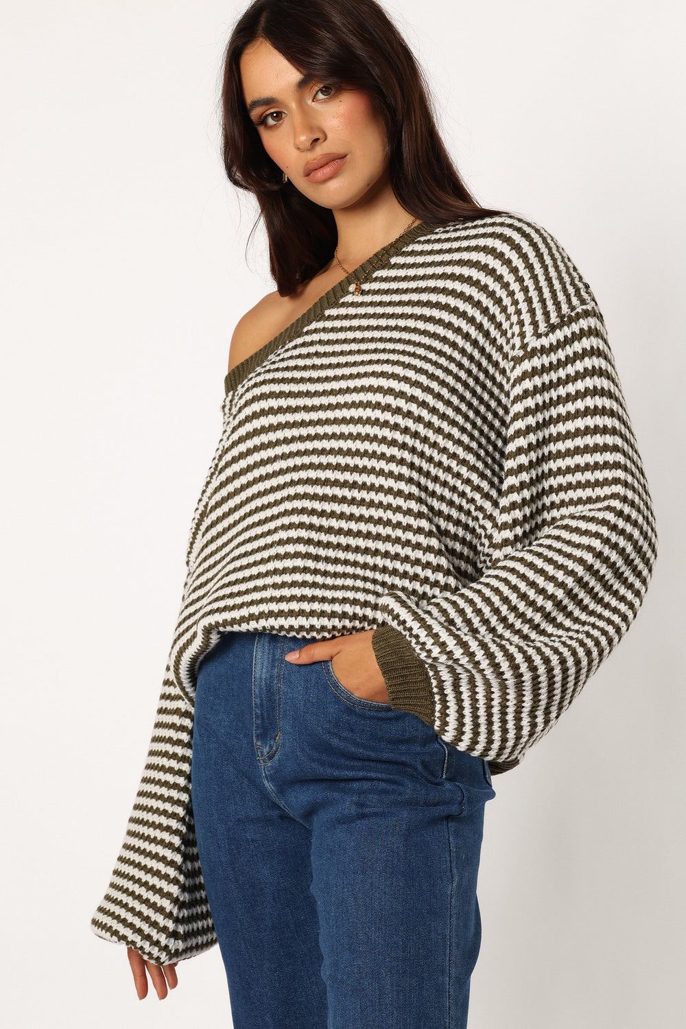 KNITWEAR @Becca Crewneck Waffle Stitch Stripe Knit Sweater - Olive