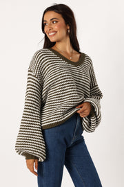 KNITWEAR @Becca Crewneck Waffle Stitch Stripe Knit Sweater - Olive