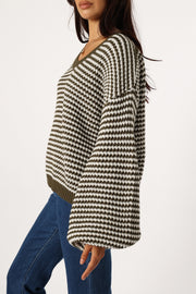 KNITWEAR @Becca Crewneck Waffle Stitch Stripe Knit Sweater - Olive