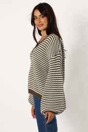 KNITWEAR @Becca Crewneck Waffle Stitch Stripe Knit Sweater - Olive