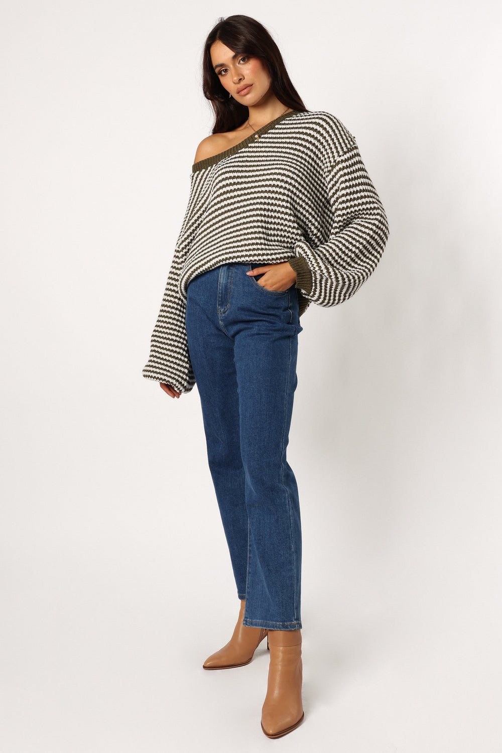 Collective Dress - Becca Crewneck Waffle Stitch Stripe Knit Sweater - Olive fourth image