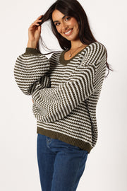 KNITWEAR @Becca Crewneck Waffle Stitch Stripe Knit Sweater - Olive