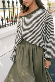 KNITWEAR Becca Crewneck Waffle Stitch Stripe Knit Sweater - Olive (Hold for Cool Beginnings)