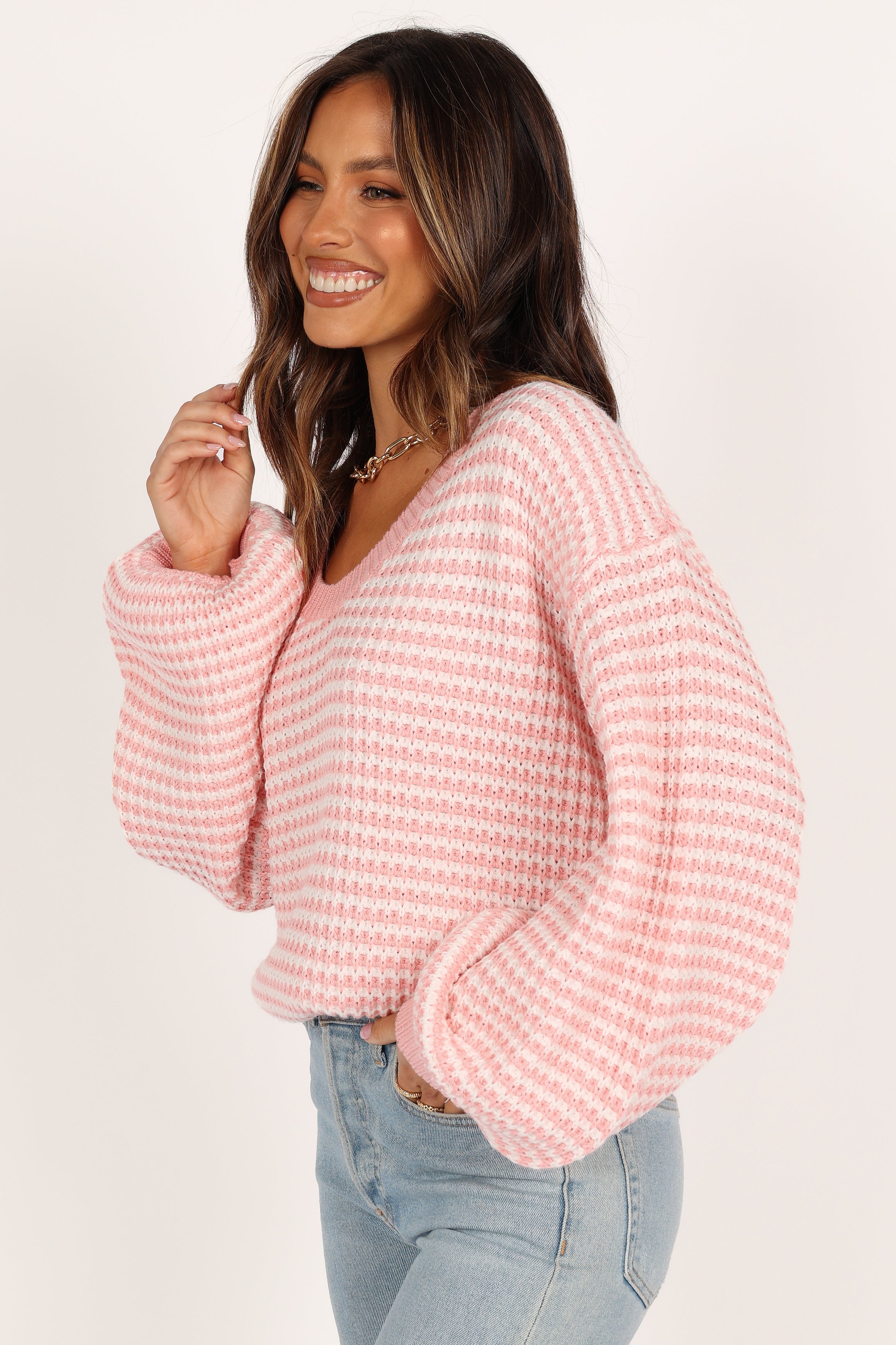 KNITWEAR Becca Crewneck Waffle Stitch Stripe Knit Sweater - Pink